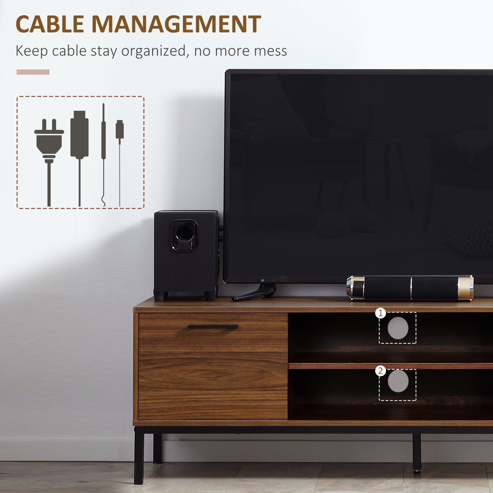 HOMCOM TV Stand: For 50" TVs, Entertainment Center with Door, Open Storage, Drawers, Steel Legs, Dark Walnut 