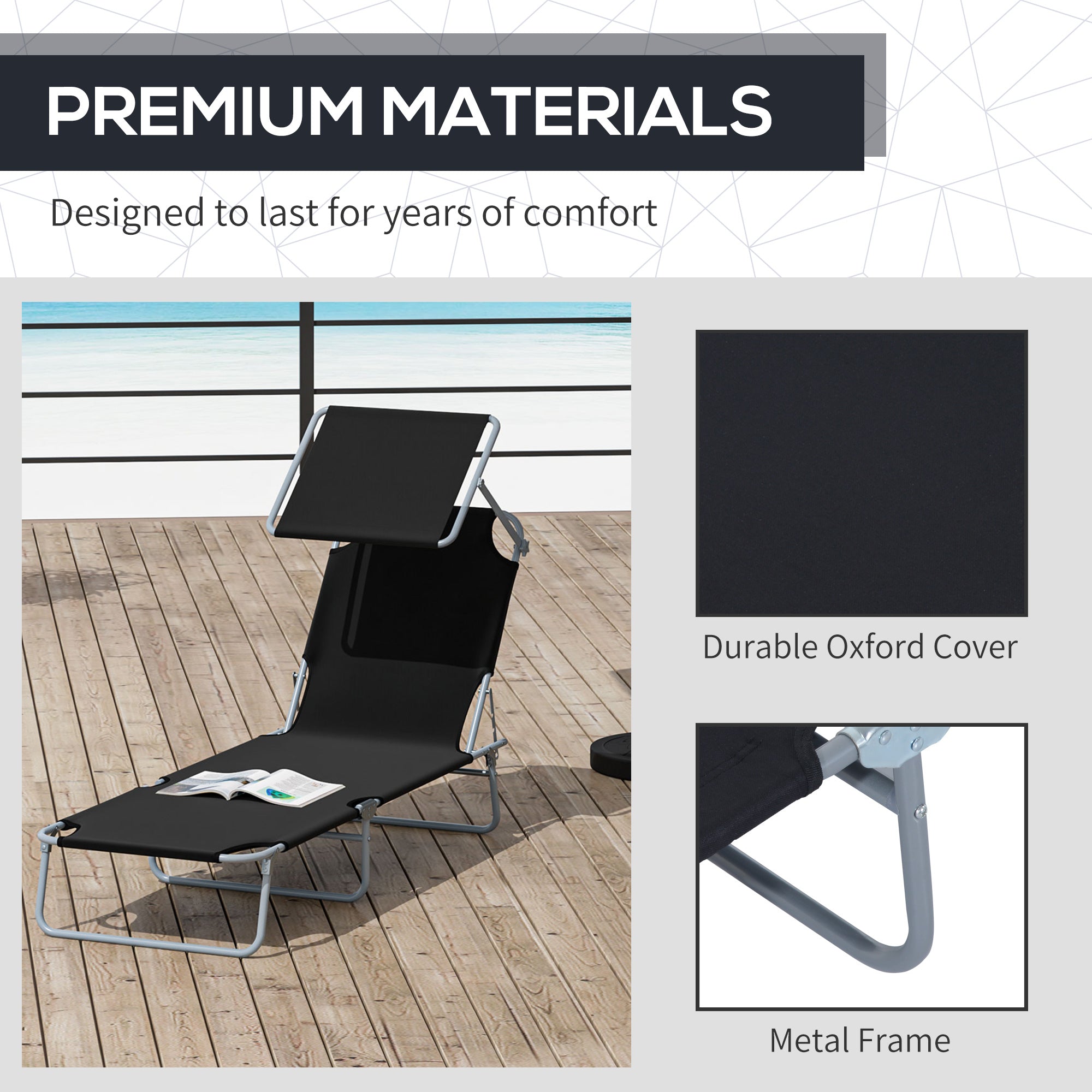 Outsunny Reclining Chair Folding Adjustable with Sun Shade Durable Outdoor Comfort Black 