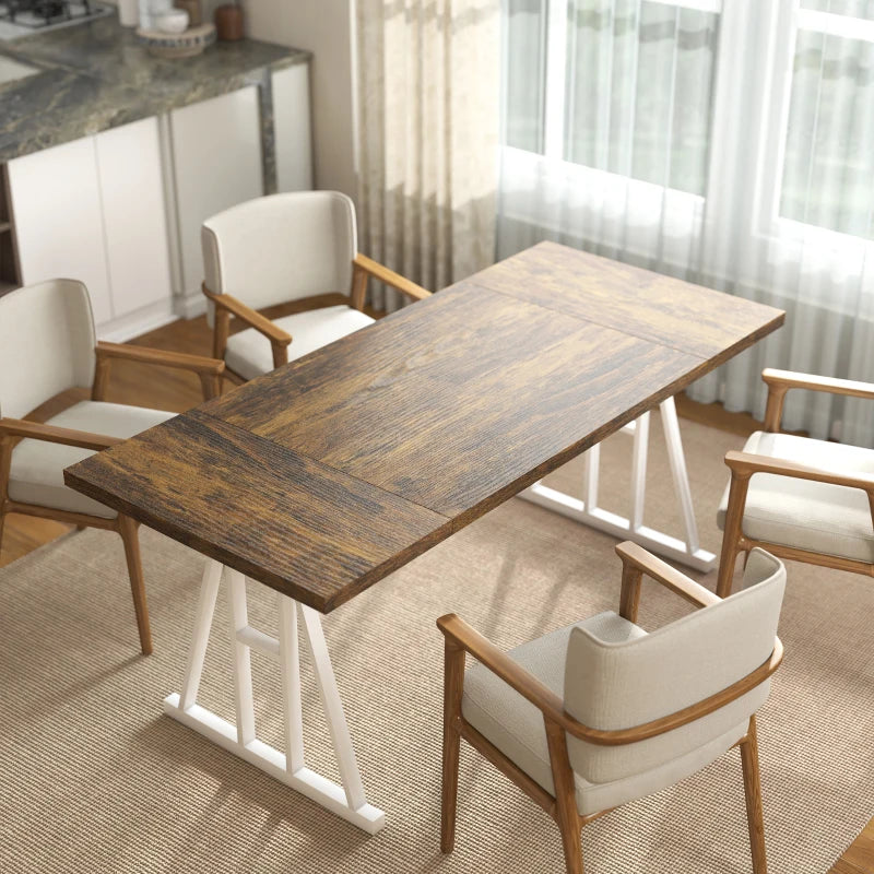 Farmhouse Kitchen Table for 8, Rectangular Dining Table with Thick Tabletop and Steel Trestle Legs, Brown and White