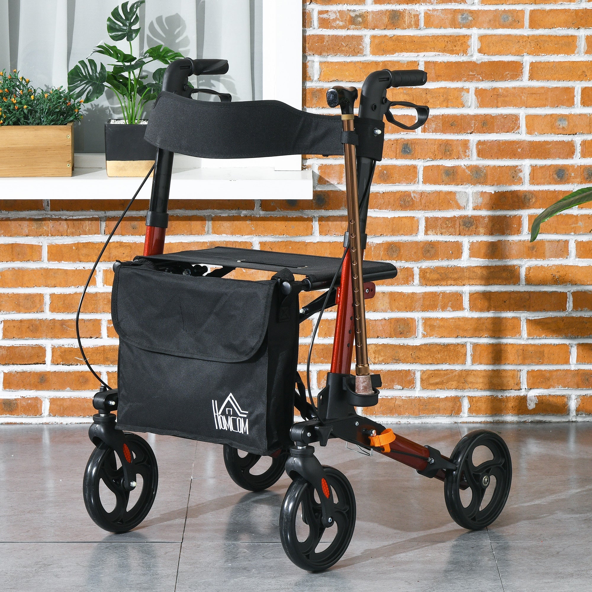 HOMCOM Rollator for Seniors with Seat, Back, Cane Holder, Aluminium Folding Rolling Walker with Adjustable Handle, Bag, Red 