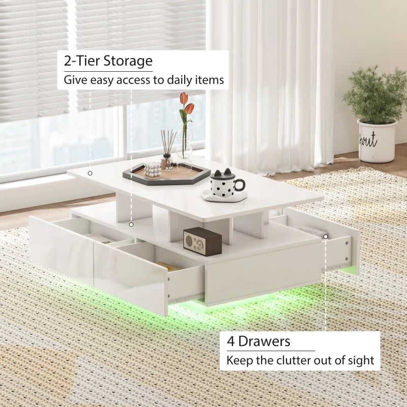 Coffee Table with RGB LED Lights, Modern Living Room Table with 4 Drawers, Open Shelf, Remote Control, High Gloss White