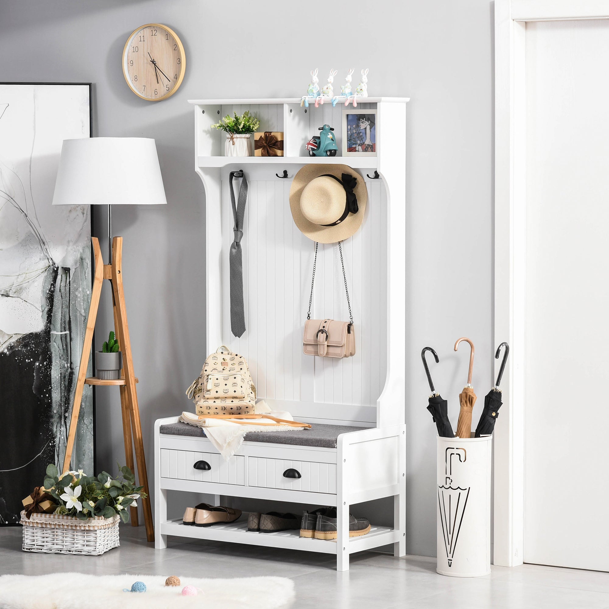 HOMCOM Hall Tree Bench: Entryway Bench with Coat Rack, Hooks, Drawer & Padded Seat, White 