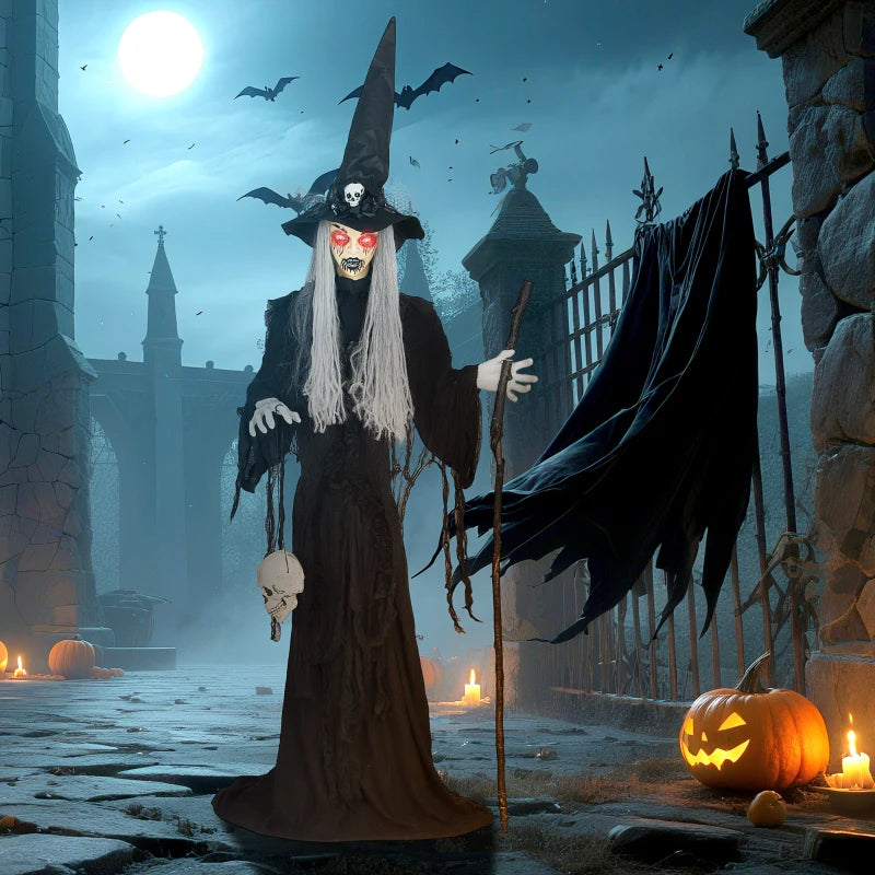Outsunny 5ft Life-Size Animated Standing Witch – Voice & Sound Activated, Moving Head & Flashing Eyes, Indoor Halloween Prop 