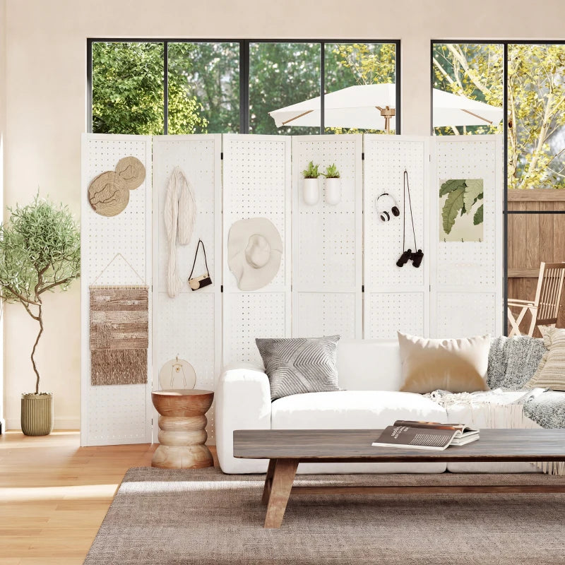 5.6 Ft. Tall 6-Panel Room Divider, Pegboard Panel Folding Privacy Screen, Partition Wall Divider for Bedroom, White