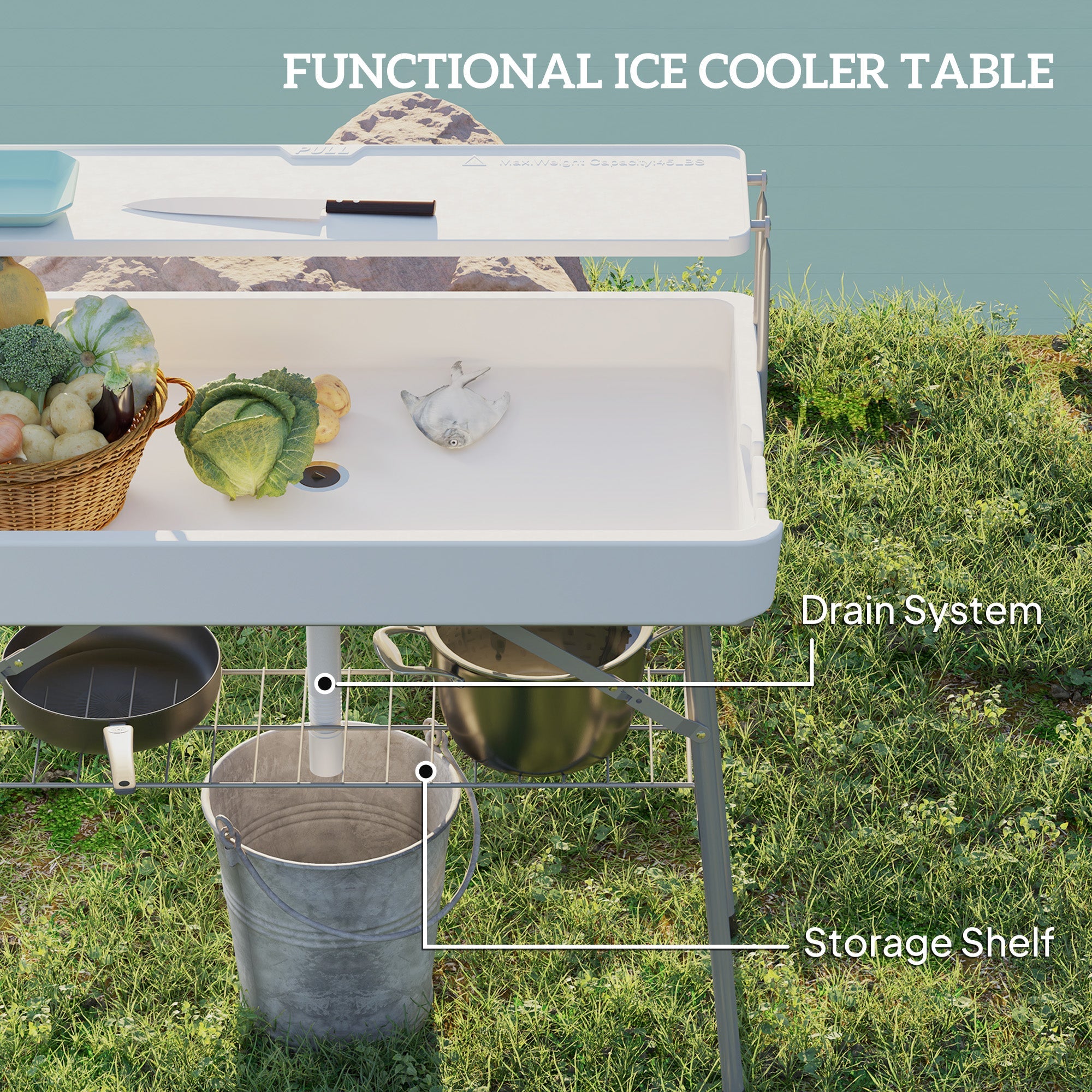 Outsunny 3.5ft Folding Ice Cooler Table with Drain, 2-Tier Party Cooler Table Outdoor Cooler Table with Shelf, Patio Cooler Table for Party Picnic BBQ Camping Wedding, White 