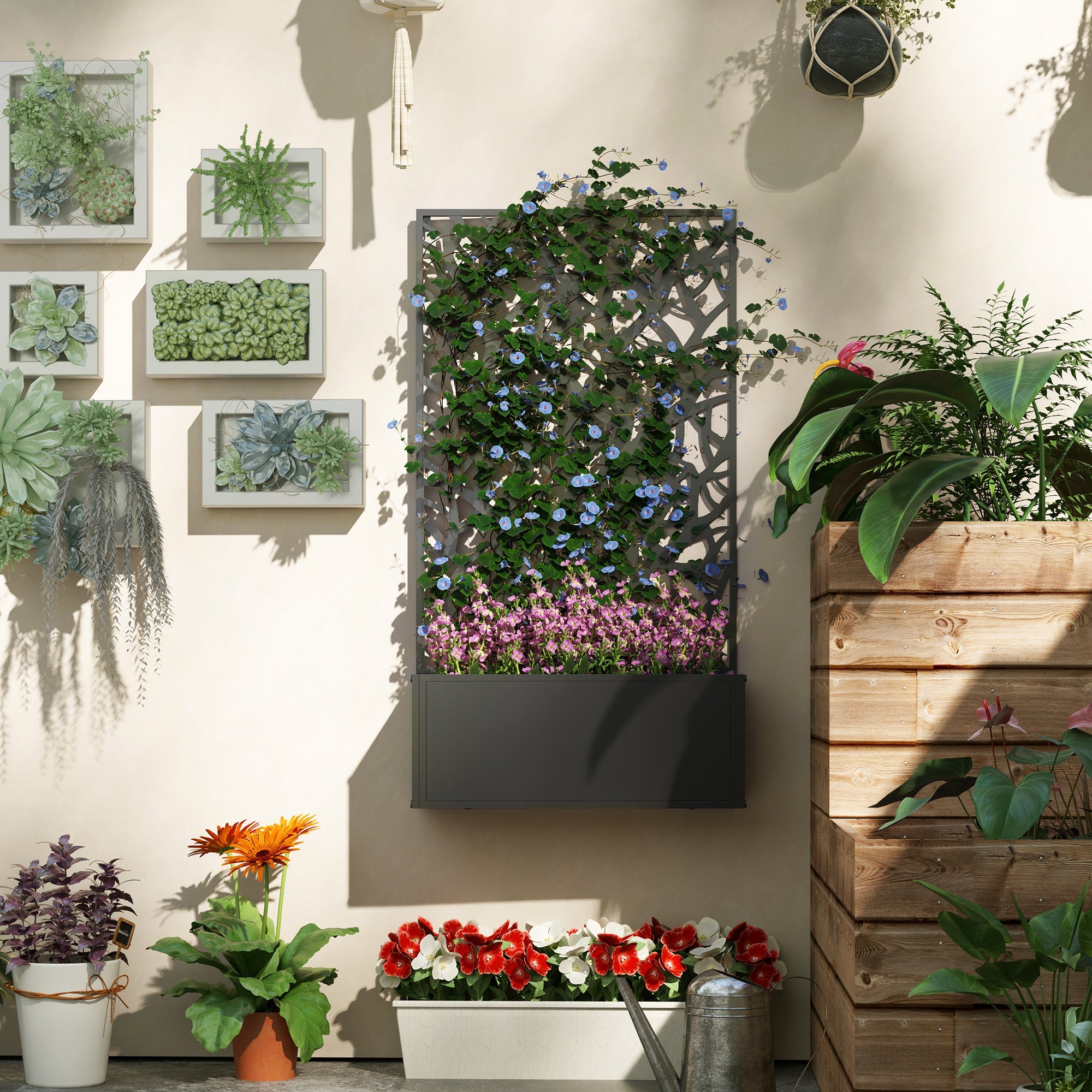 Outsunny Metal Raised Garden Bed with Privacy Panel, Freestanding or Wall Mounted Outdoor Planter Box for Garden, Patio 