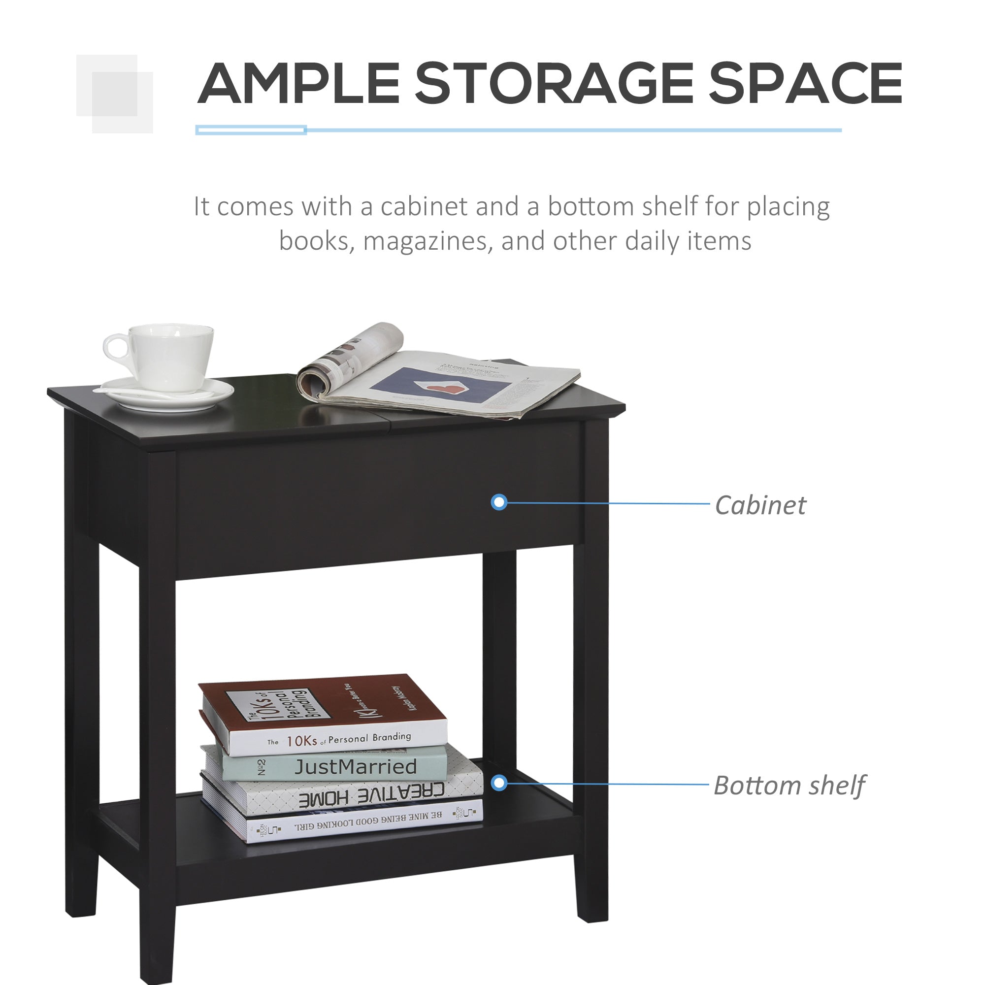 HOMCOM Flip-Top Side Table: Narrow End Table with Storage Shelf, Space-Saving Furniture for Living Room, Bedroom, Rich Dark Coffee 