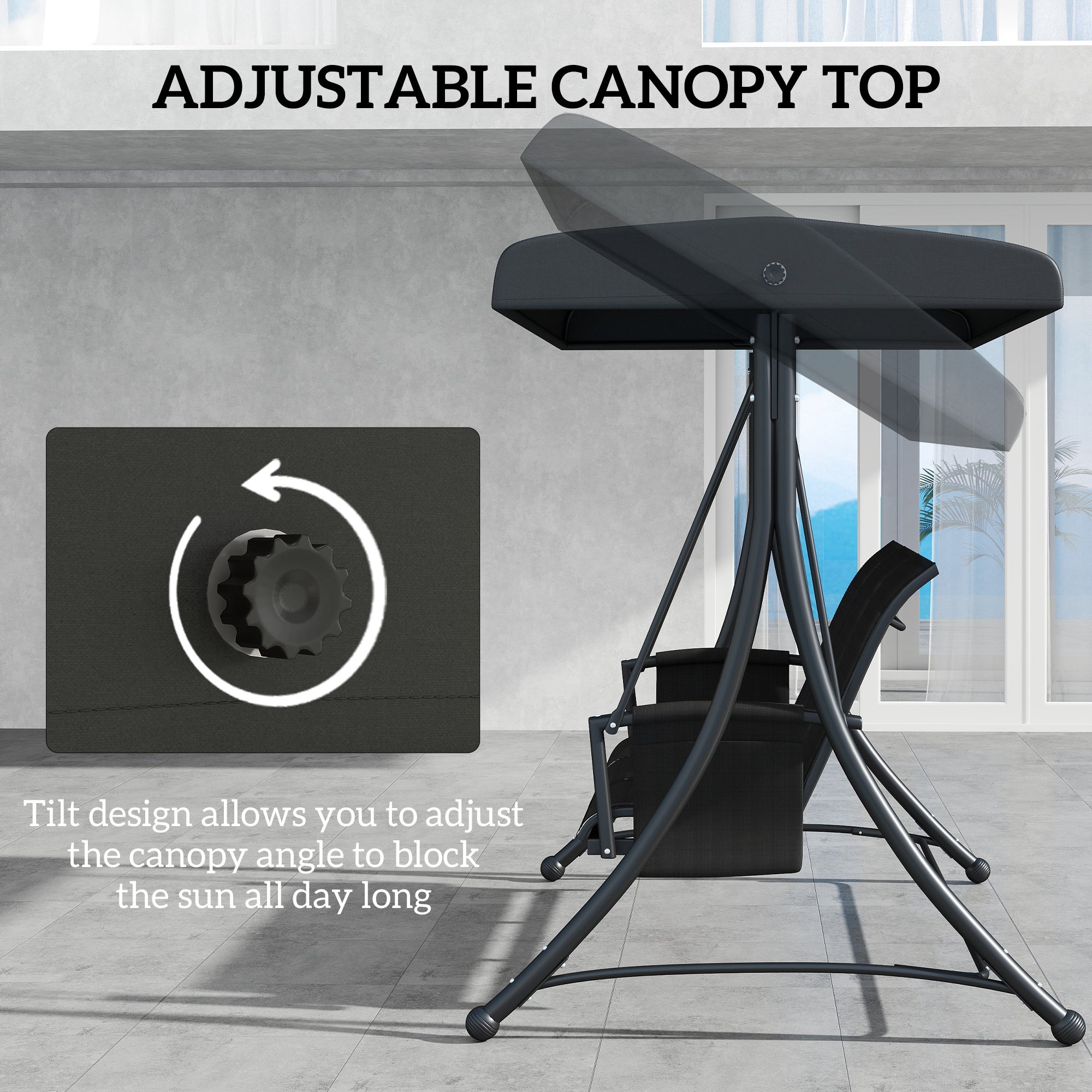 Outsunny 3 Person Outdoor Porch Swing Chair with Adjustable Canopy, Black 