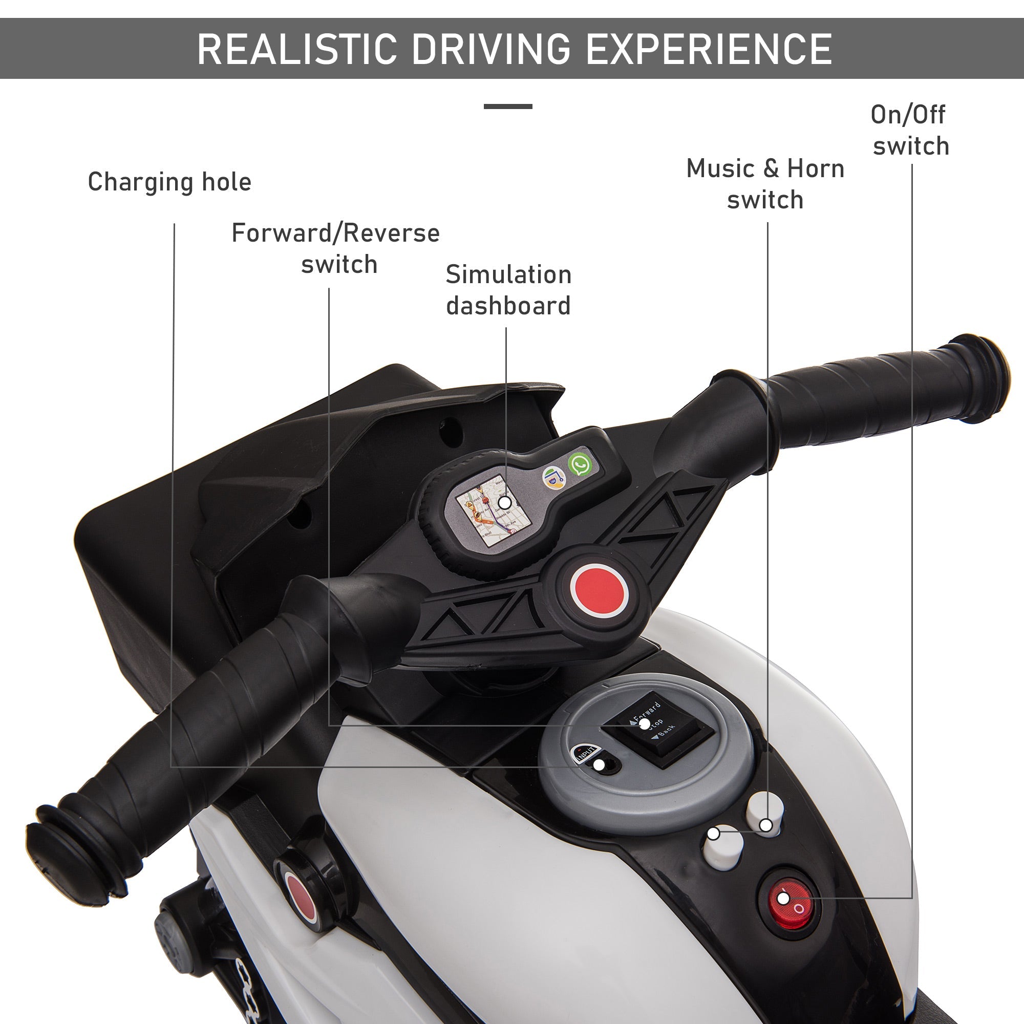Aosom Kids Electric Pedal Motorcycle Ride-On Toy 6V Battery Powered with Music Horn Headlights for Boys and Girls White 