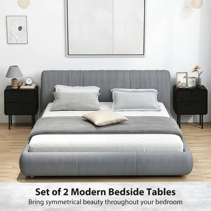 Modern Bedside Tables Set of 2, 2 Pieces Nightstands with 2 Storage Drawers and Steel Legs for Bedroom, Black Wood Grain