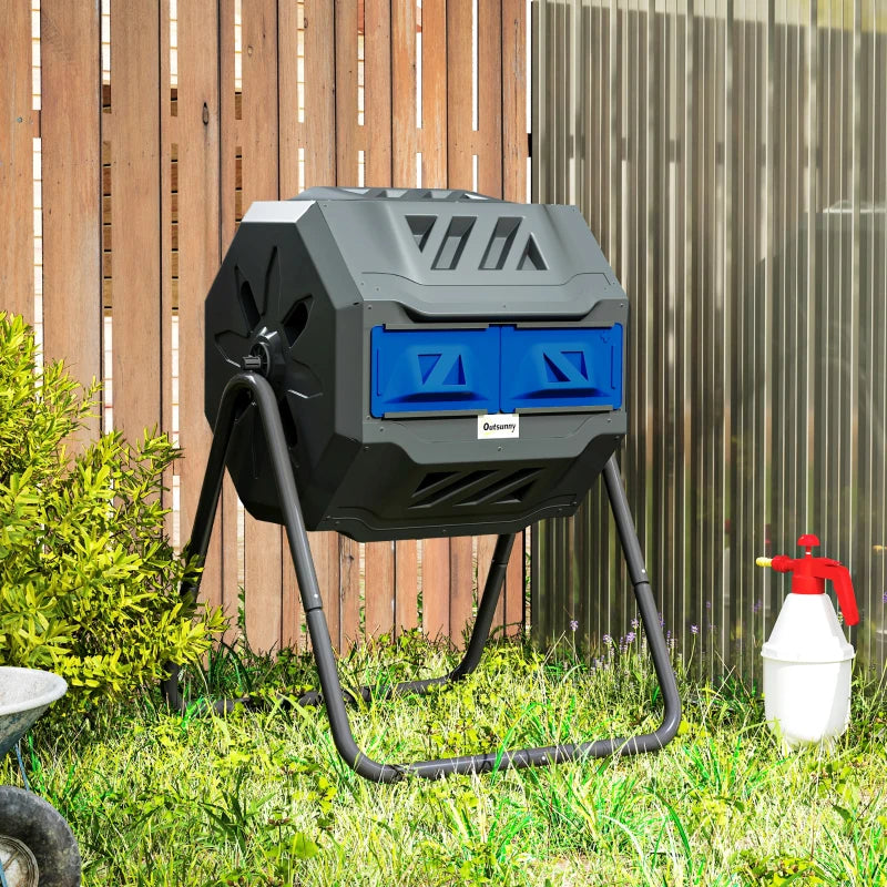 Tumbling Compost Bin Outdoor Dual Chamber 360° Rotating Composter 43 Gallon with Sliding Doors, Blue
