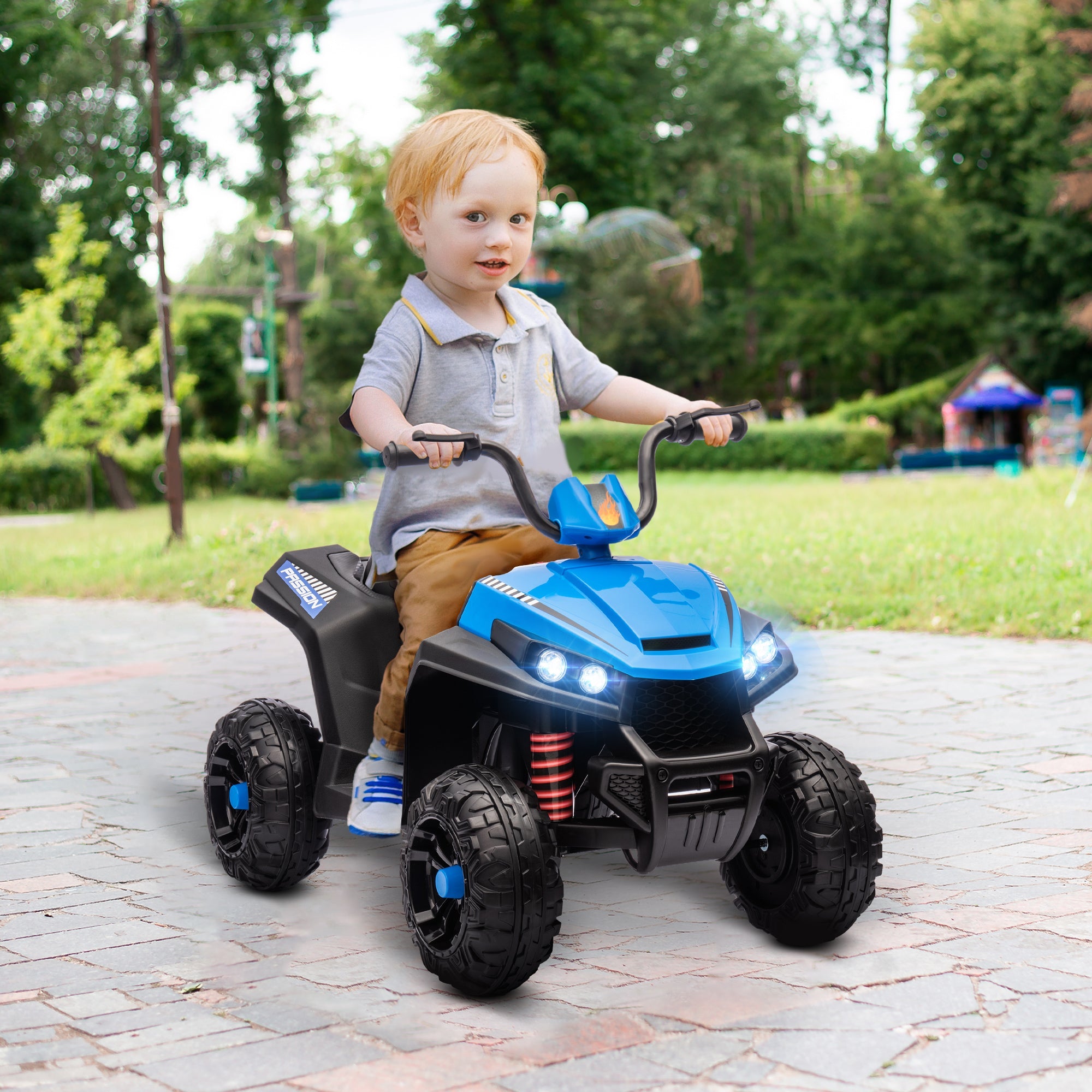 Qaba 12V Kids ATV with Four Wheels Spring Suspension, Forward & Backward, LED Light, MP3, Music, Blue 