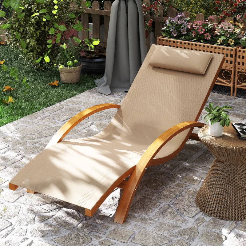 Outdoor Wood Chaise Lounge Chair Recliner Patio Camping with Headrest, Teak & Light Khaki