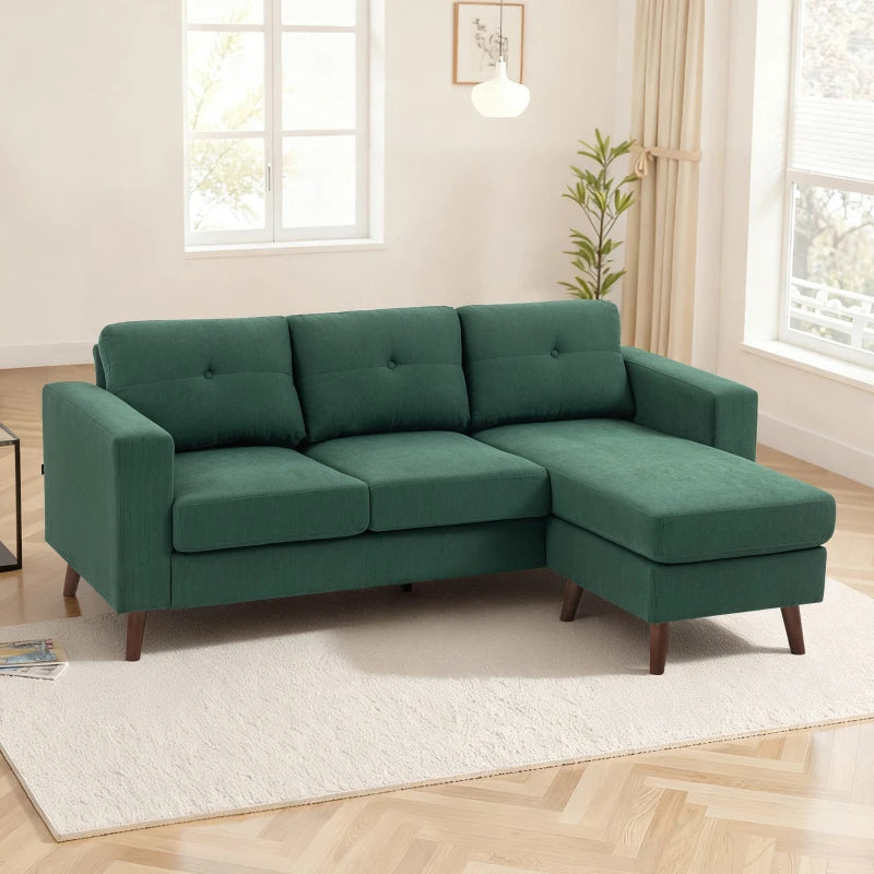 Sectional Sofa with Changeable Chaise Lounge, 3 Seat L-Shaped Sofa, Upholstered Couch for Small Space, Dark Green