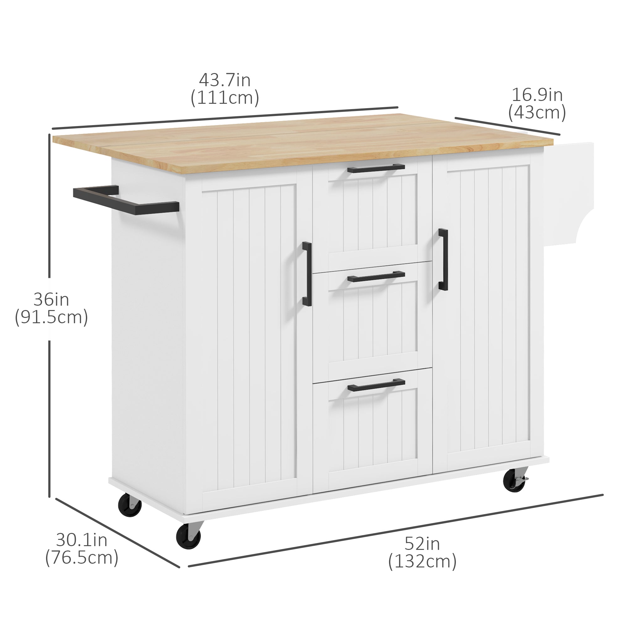 HOMCOM Kitchen Island Cart: On Wheels, Drop Leaf, 3 Drawers, Cabinets, Natural Wood Top, White 