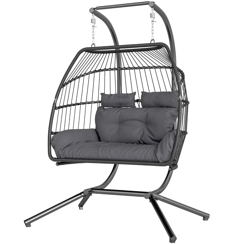 Double Wicker Egg Swing Chair with Stand, Foldable Hanging Egg Chair with UV Resistant Cushion, Headrest, Dark Grey