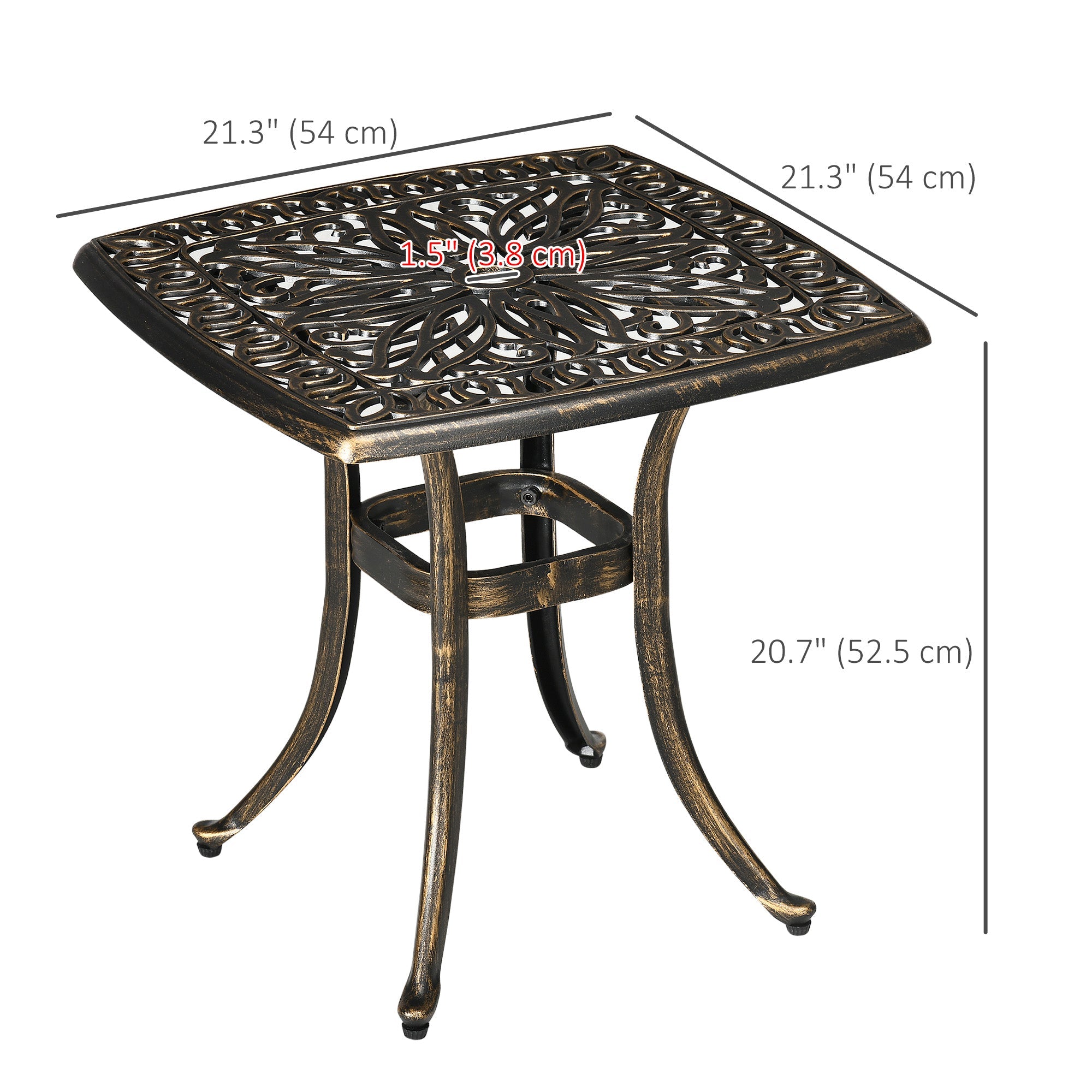 Outsunny Aluminium Outdoor Side Table with Umbrella Hole, 21" Square Patio Coffee Table End Table, Bronze 