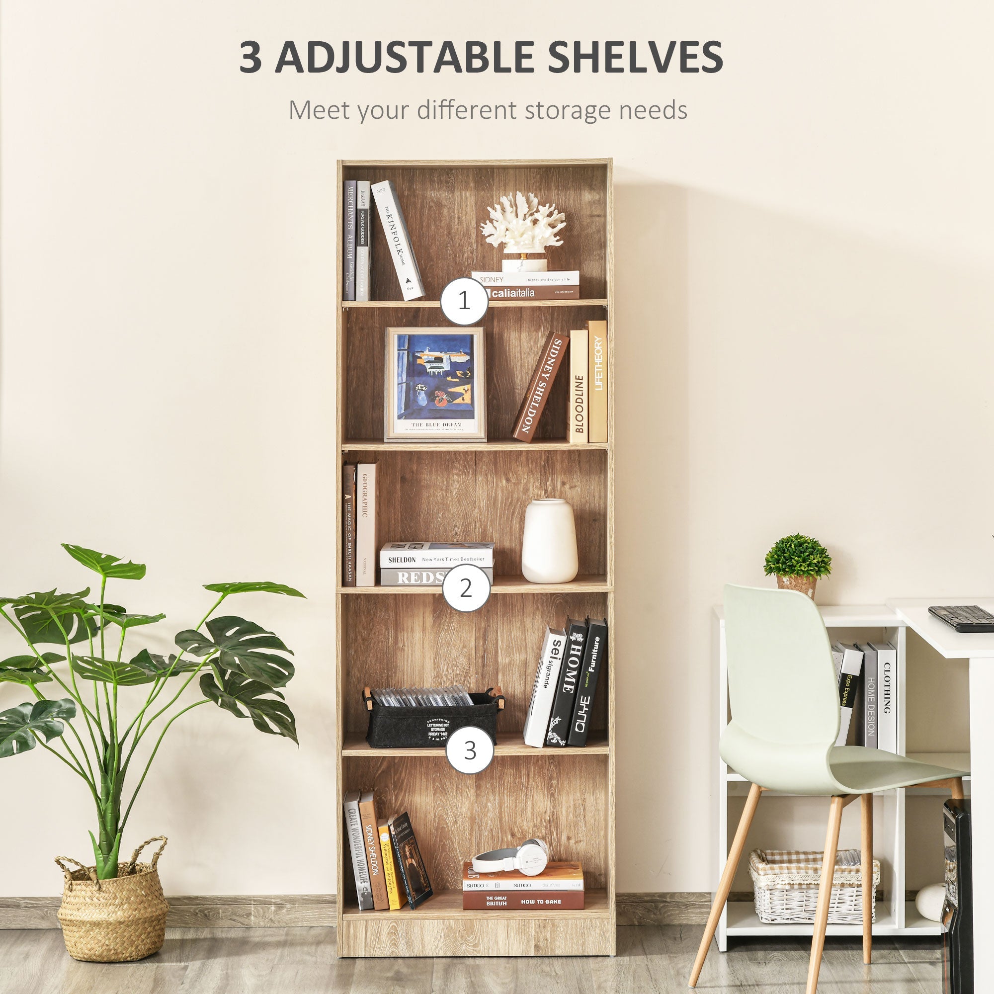 HOMCOM 5-Tier Bookcase: Adjustable Shelves Display Unit for Living Room/Office, Natural Wood 