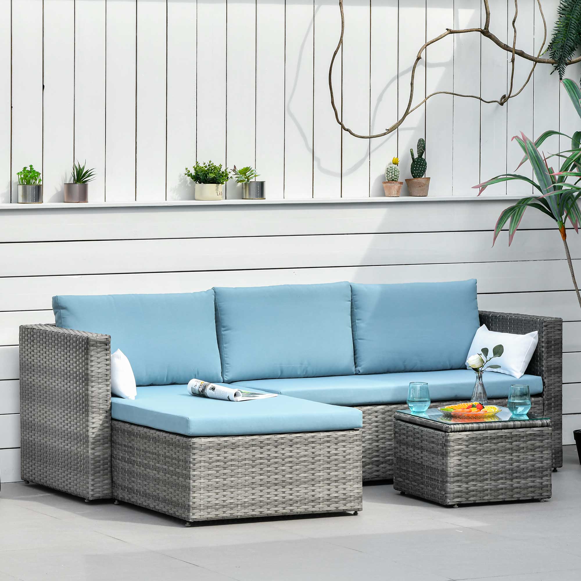 Outsunny 3-Piece Modern Outdoor Patio All-hand Woven Rattan Wicker Furniture Patio Coffee Table Sofa Set - Blue 