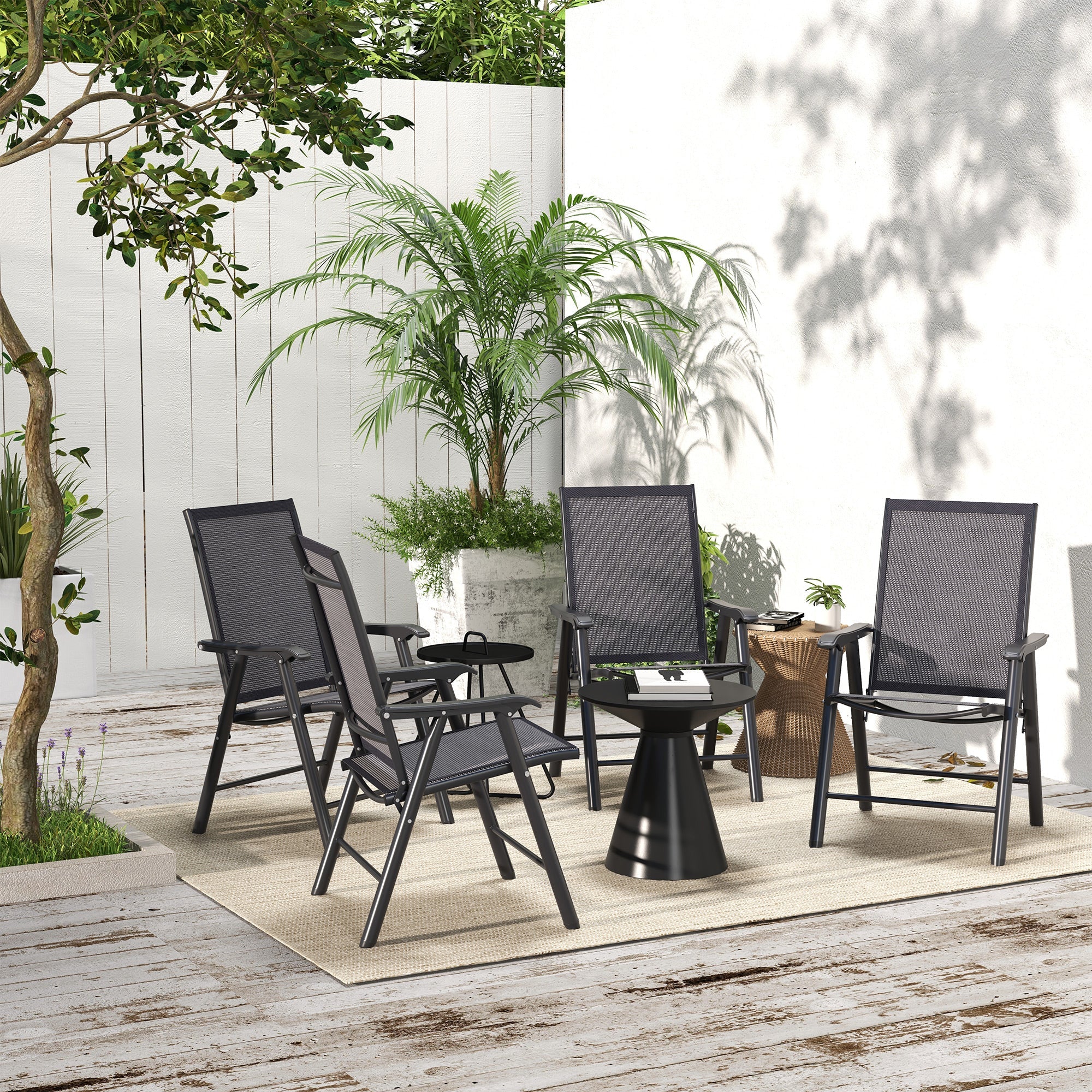 Outsunny 4-Piece Folding Chair Set for Relaxing on Patio Balcony Garden, Comfortable Outdoor Furniture with Armrests, Dark Grey 