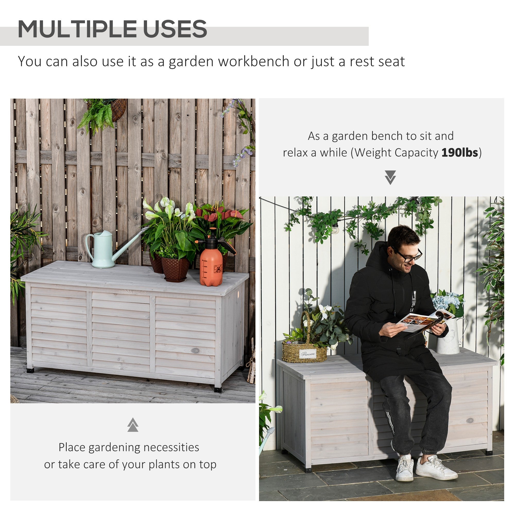Outsunny 75 Gallon Wooden Deck Box, Outdoor Storage Container with Aerating Gap & Weather-Fighting Finish, Grey 