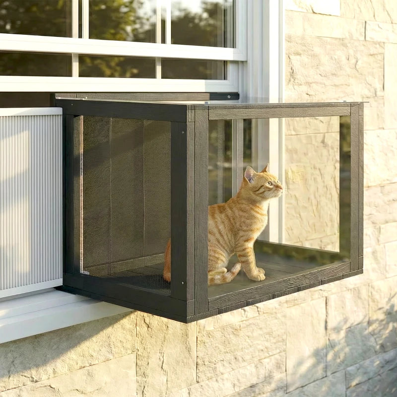 Catio Outdoor Cat Enclosure Adjustable Cat House Waterproof Top for Window 24" x18.5" x16.1" Black & White