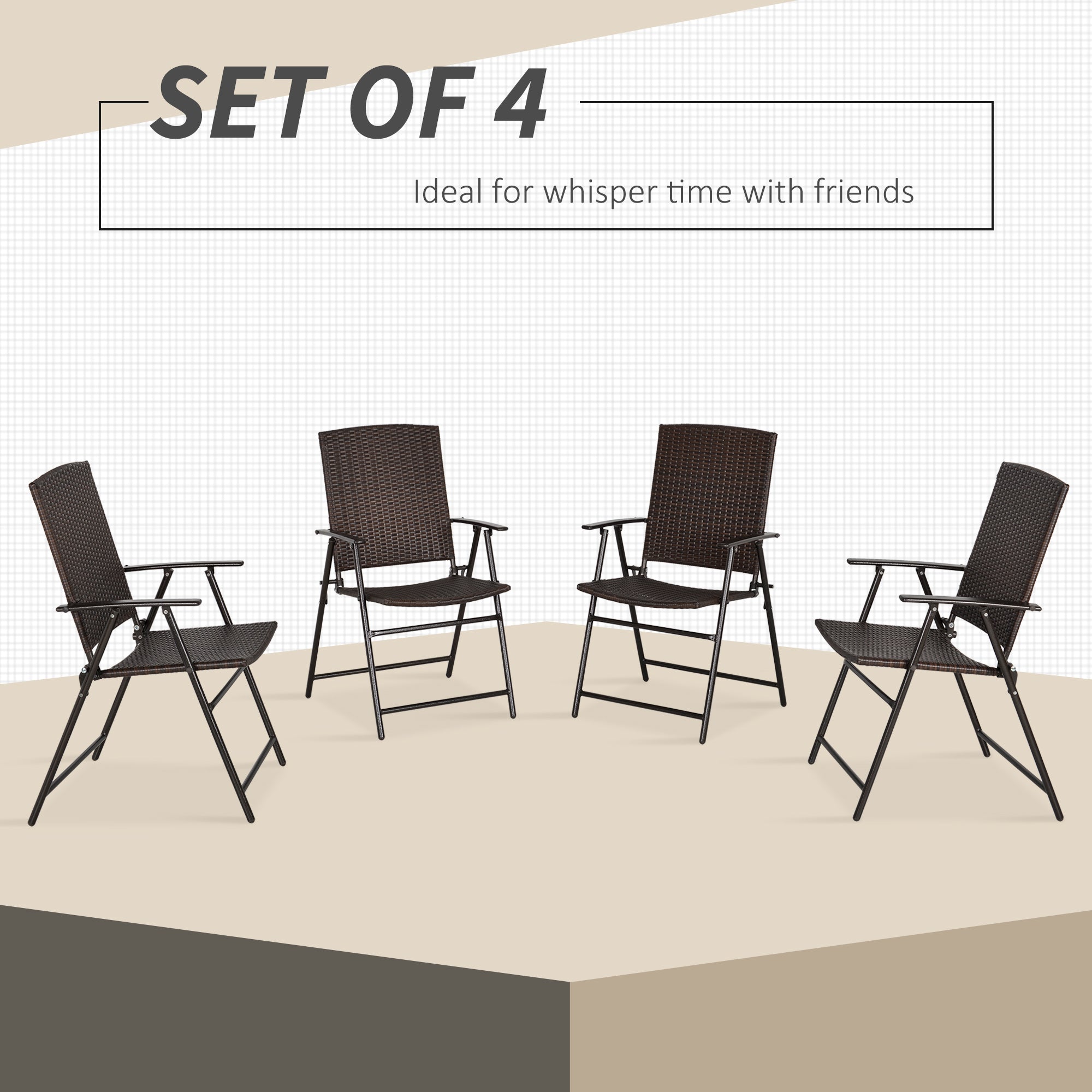 Outsunny Brown Rattan Outdoor Wicker Dining Chair Set of 4 Foldable with Steel Frame for Garden Backyard Porch 