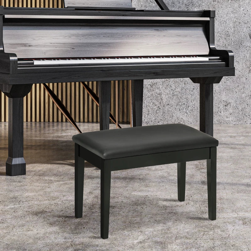 Classic Piano Bench Stool, PU Leather Padded Keyboard Seat with Rubber Wood Legs and Music Storage Compartment, Smooth Seat, Black