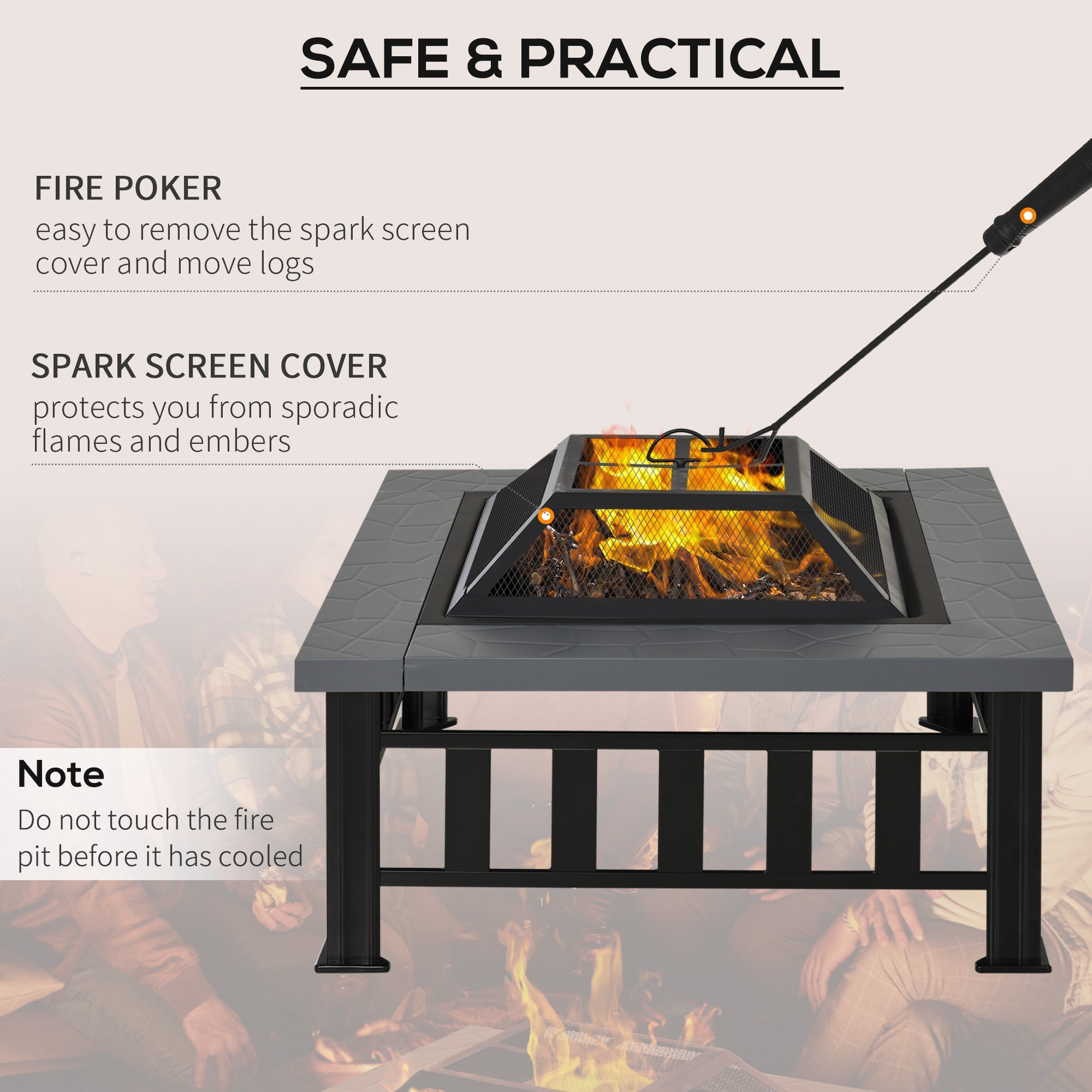 Outsunny Outdoor Square Fire Pit 33.75" Steel Stove with Spark Screen, Log Grate, Poker, Rain Cover for Wood Burning in Backyard 