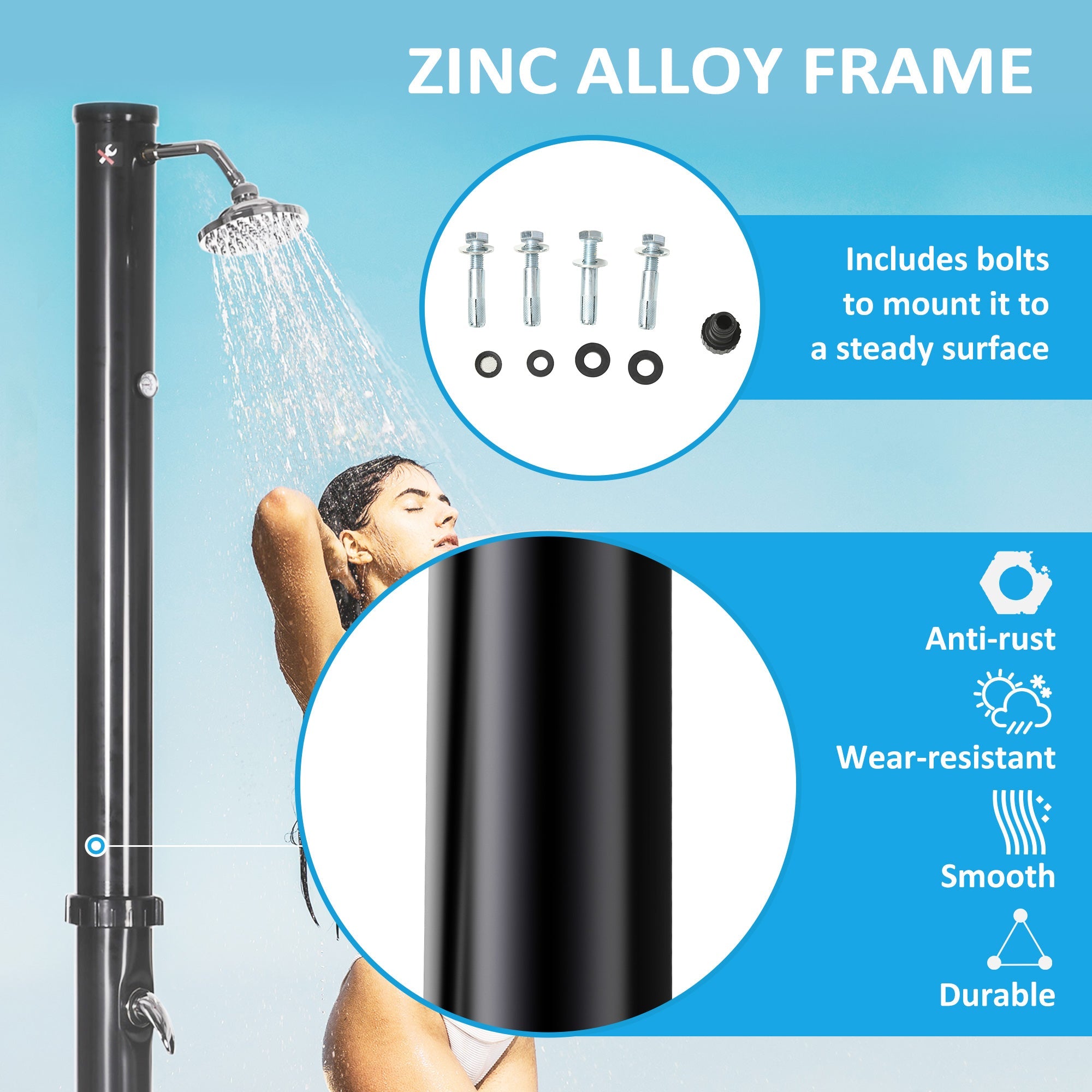Outsunny 5.3 Gallons Solar Shower with Rotating Rainfall, Temperature Adjustment, 2 Section Outdoor Shower for Backyard, Black 