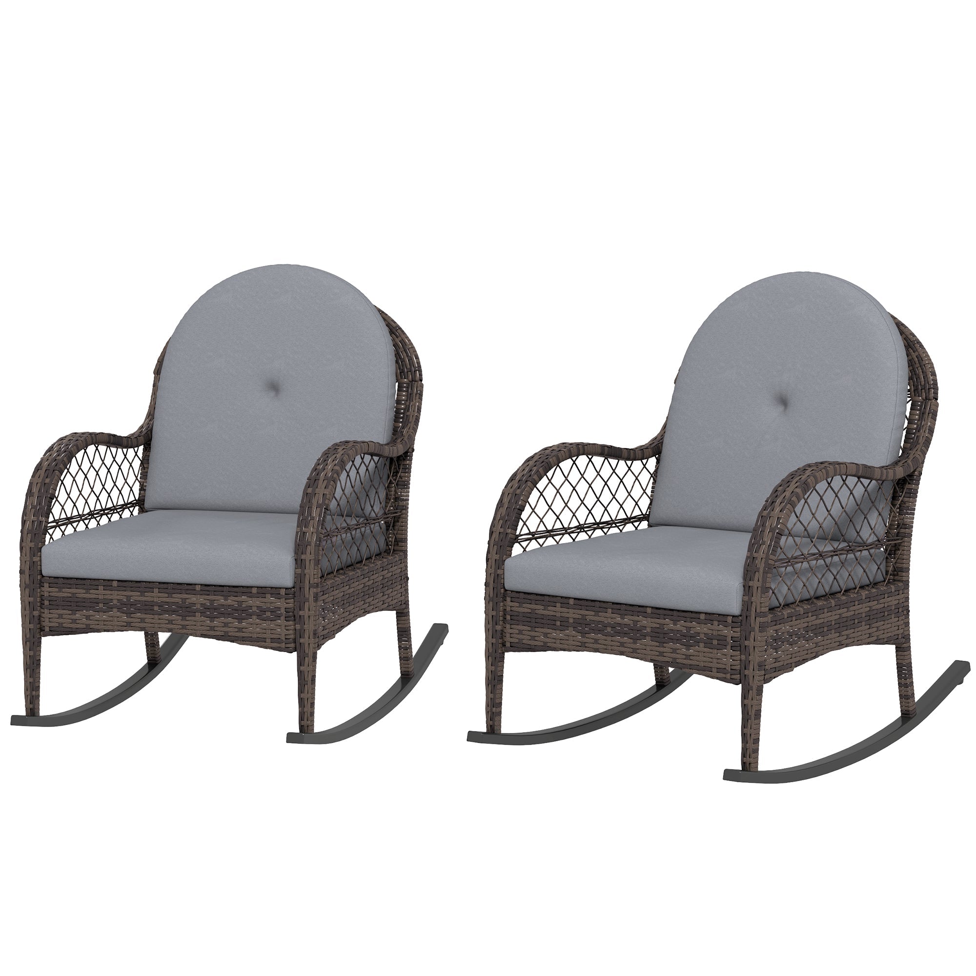 Outsunny 2 Pieces Wicker Rocking Patio Chairs, Indoor Outdoor Rocking Chair Set with Cushions and Armrests for Porch, Grey 