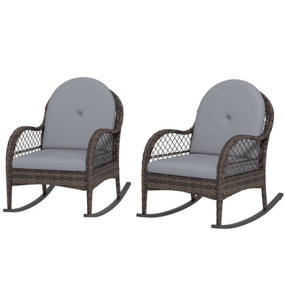Outsunny 2 Pieces Wicker Rocking Patio Chairs, Indoor Outdoor Rocking Chair Set with Cushions and Armrests for Porch, Grey 