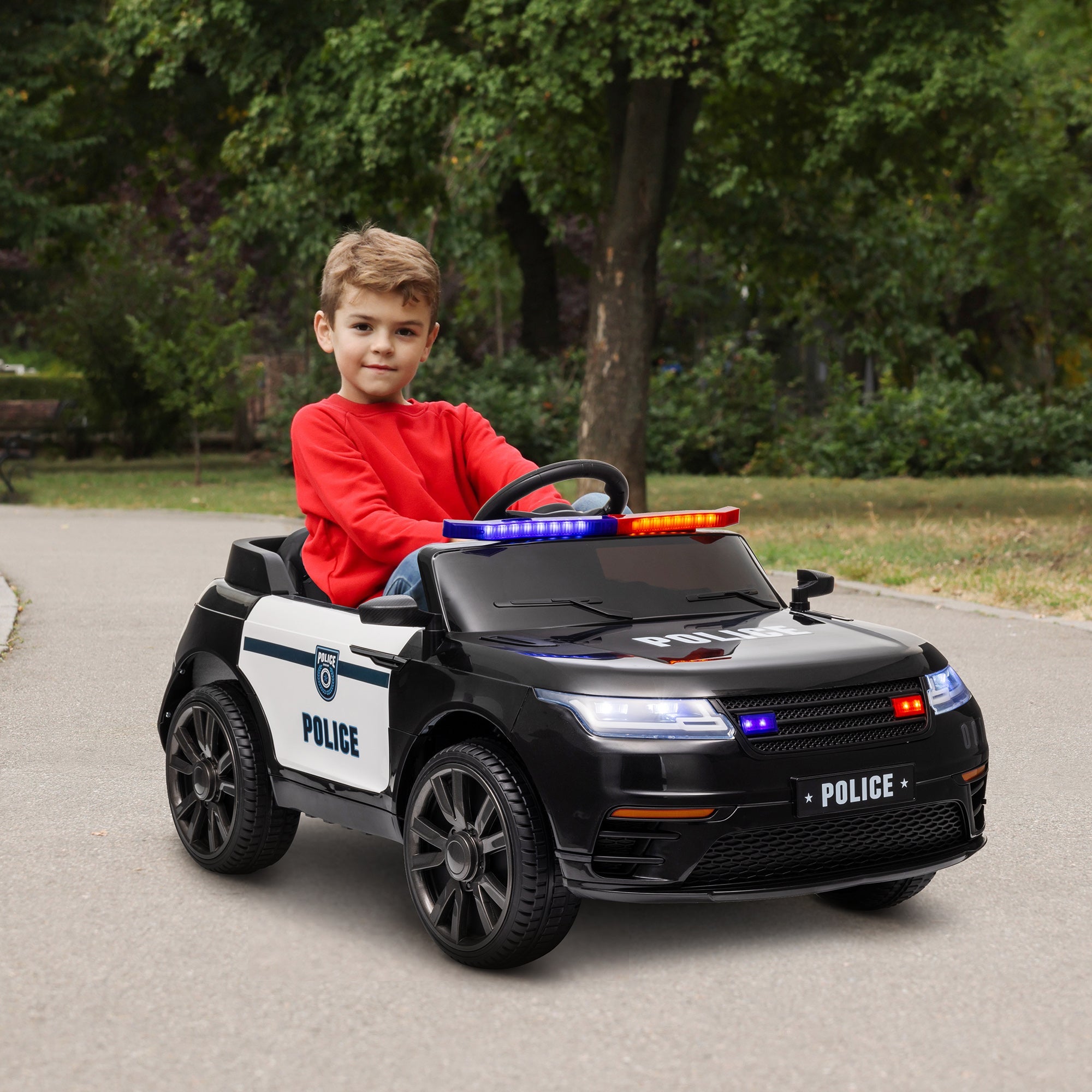 Qaba 12V Kids Electric Police Car w/ Remote Control, Spring Suspension, Training Wheel, Siren, Music, Light, Horn, Black 