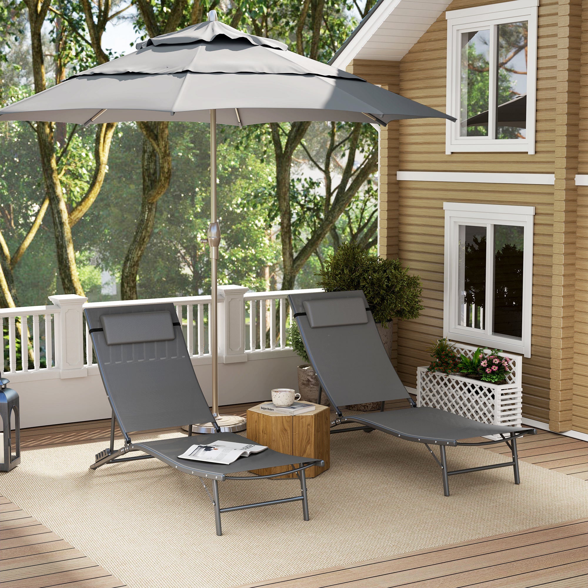 Outsunny Folding Outdoor Chaise Lounge Chair Set of 2 with Adjustable Backrest, Headrest, Mesh Seat for Beach, Poolside, Grey 