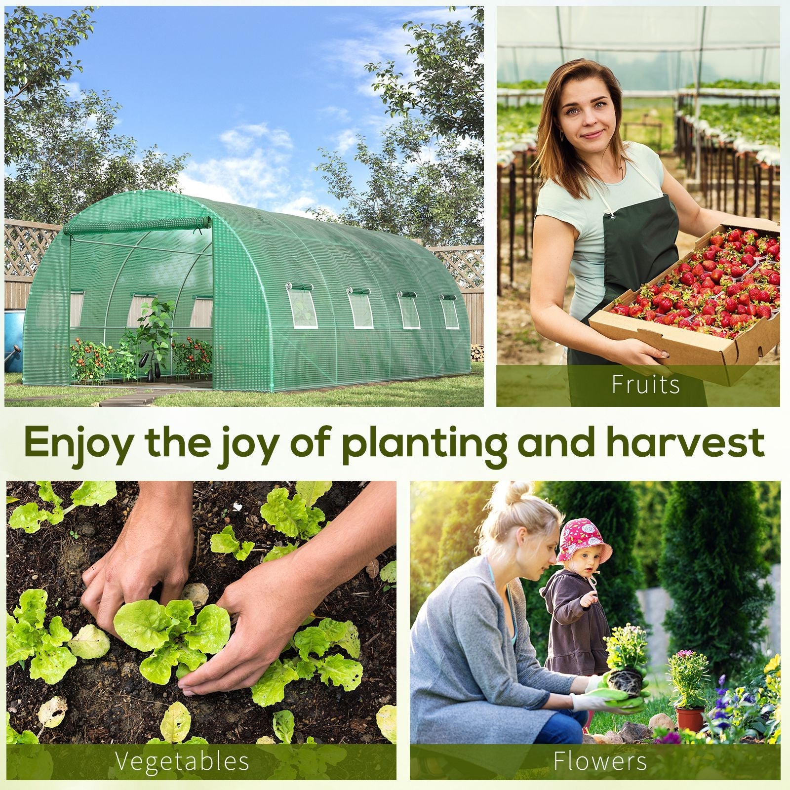 Outsunny Walk-in Tunnel Greenhouse, 19 x 10 x 6.6 ft Hoop House with Zipped Roll-Up Door and 8 Mesh Windows, Outdoor Greenhouse with Galvanised Steel Frame, Green 