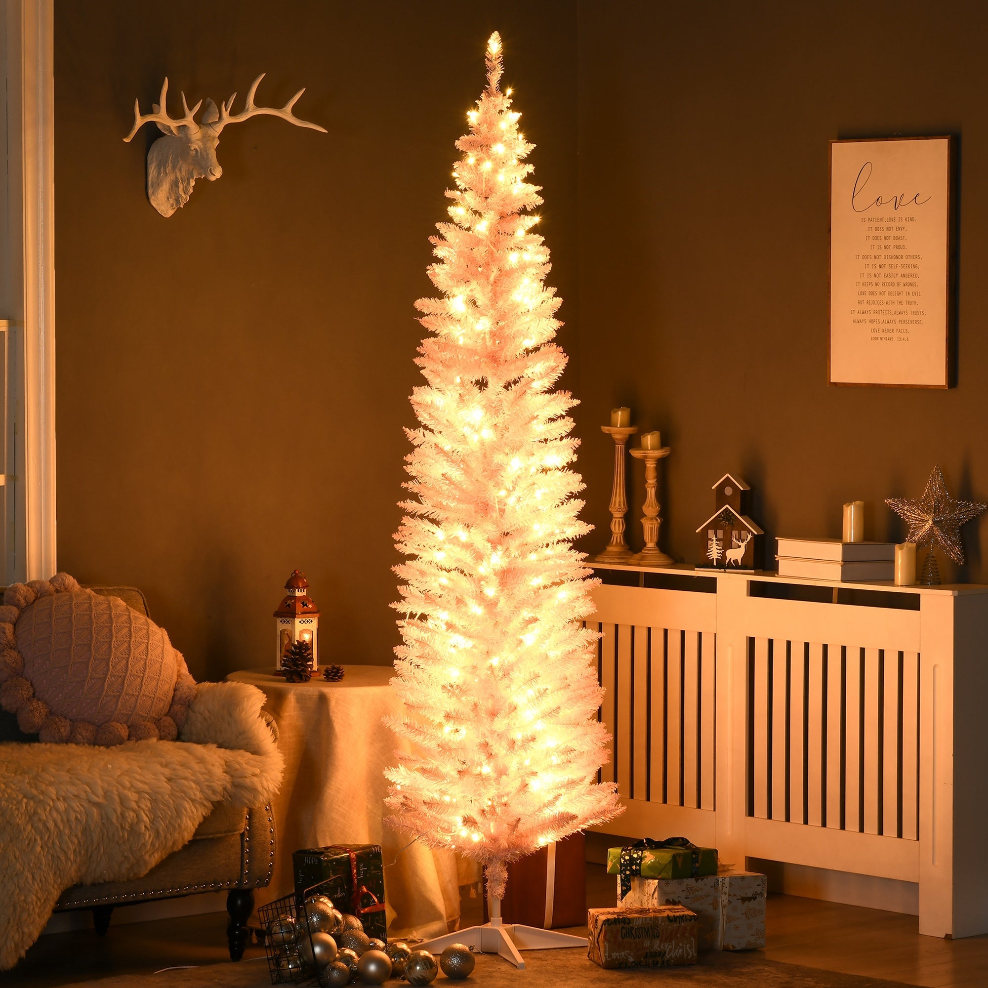 HOMCOM 7' Pre Lit Artificial Pencil Christmas Trees, Xmas Tree with Realistic Branches and Warm White LED Lights, Pink 