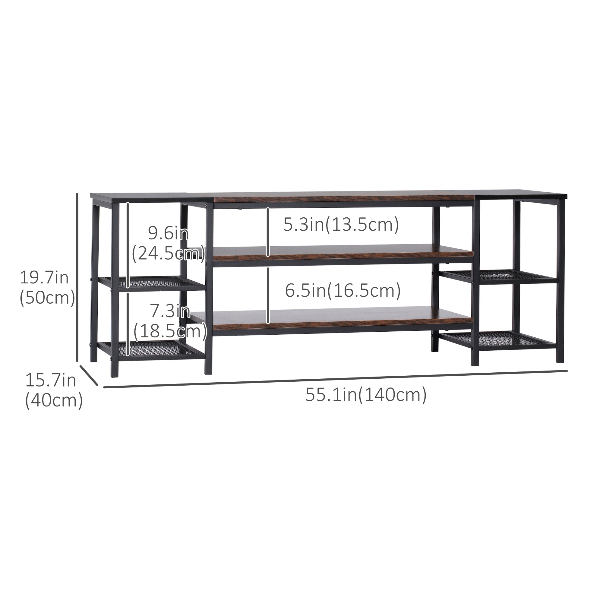 HOMCOM Industrial Chic: Open Shelf TV Stand for 65" TVs, Steel Frame Media Console with Rustic Brown Finish 
