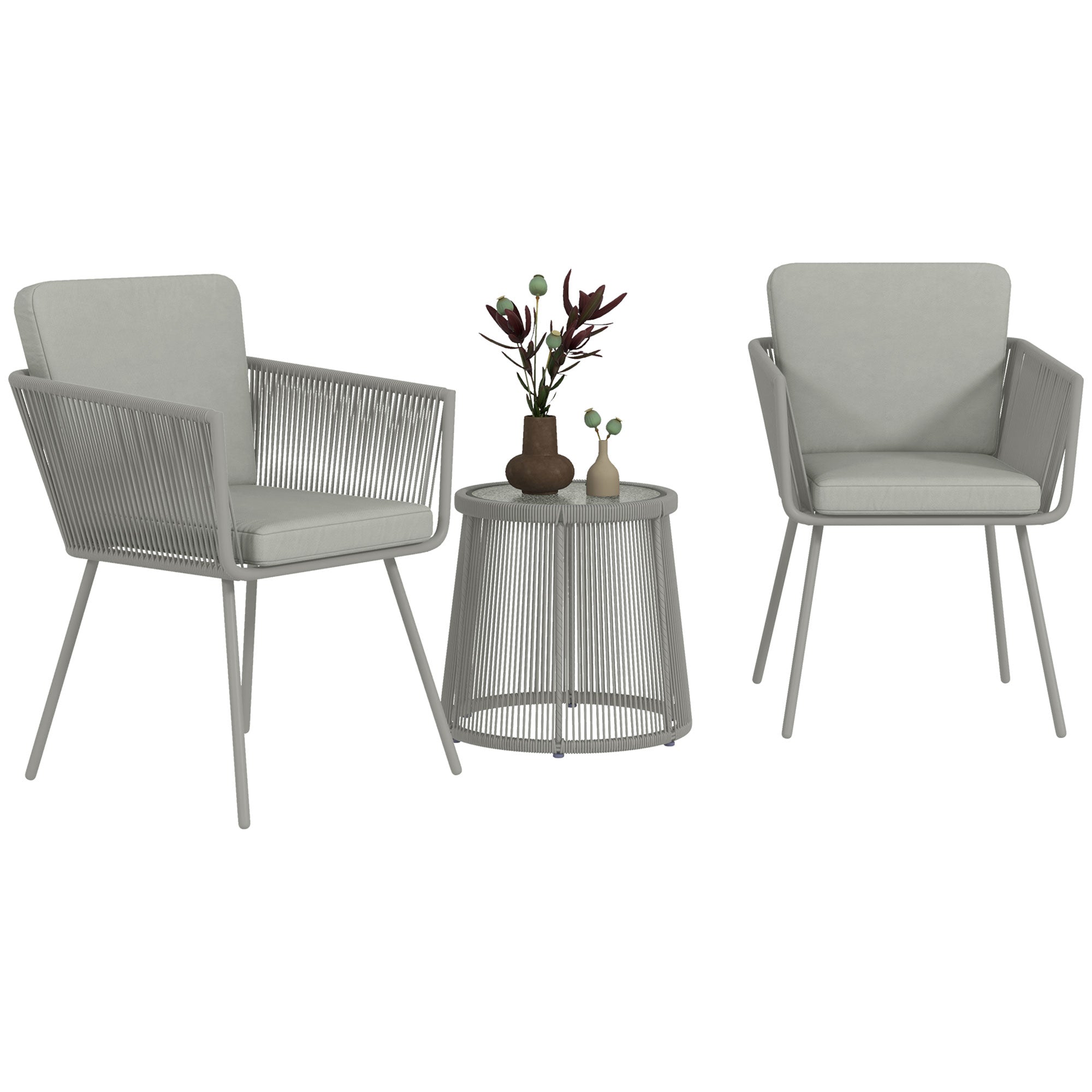 Outsunny 3 Piece Outdoor Patio Bistro Set, Wicker Rattan Furniture with Metal Legs for Garden, Backyard, Light Grey 