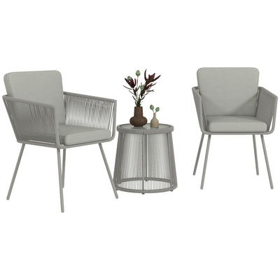 Outsunny 3 Piece Outdoor Patio Bistro Set, Wicker Rattan Furniture with Metal Legs for Garden, Backyard, Light Grey 