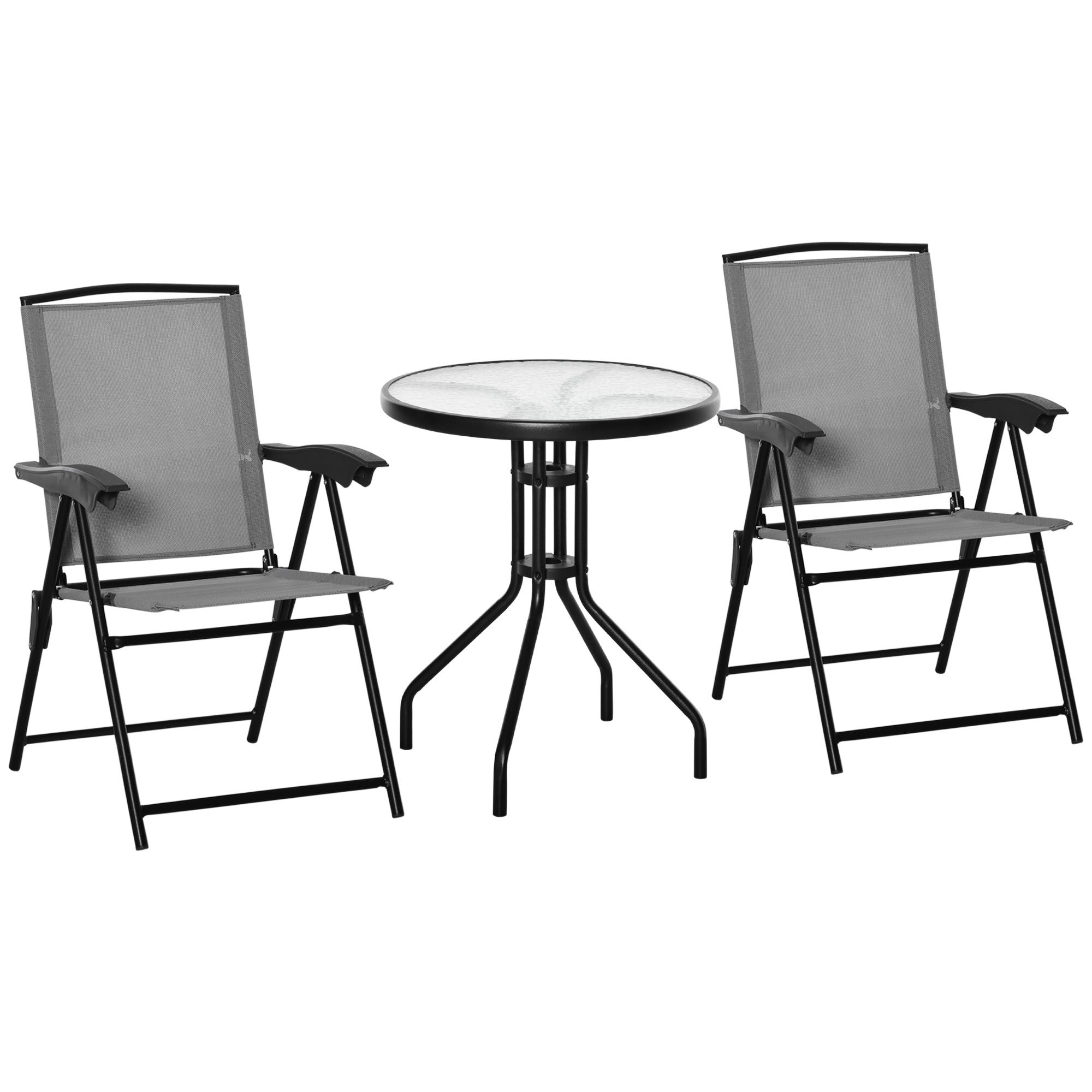 Outsunny Folding Outdoor Bistro Set, Patio Table and Chairs with Reclining Backrest and Round Dining Table, Grey 