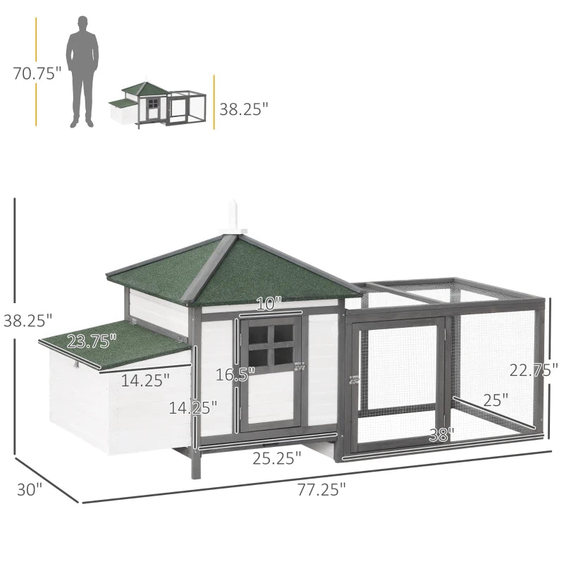 77" Chicken Coop Hen House Rabbit Hutch Poultry Cage Pen Outdoor Backyard with Nesting Box Run White and Dark gray