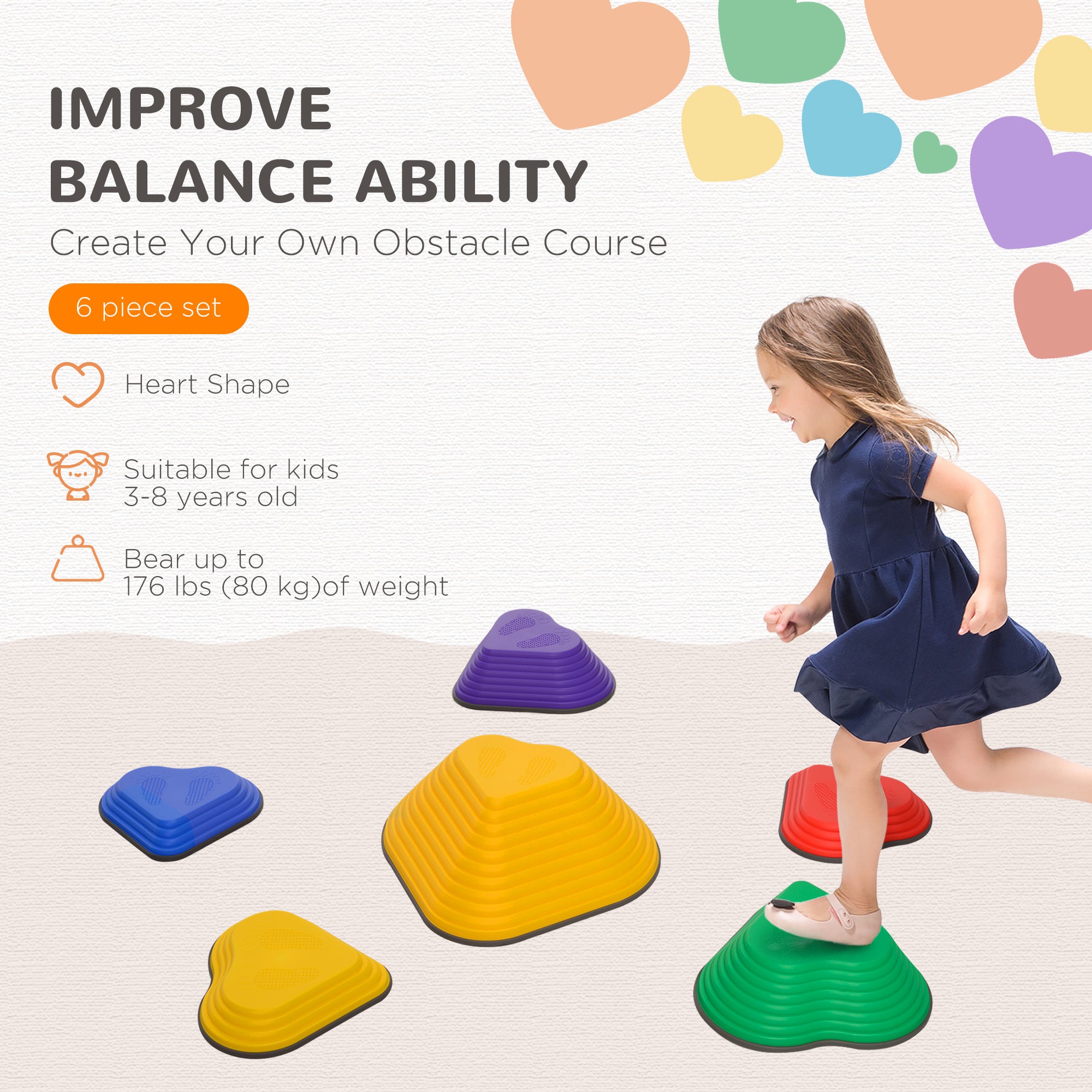 Qaba 6PCs Non-Slip Stackable Kids Stepping Stones, Heart-Shaped 
