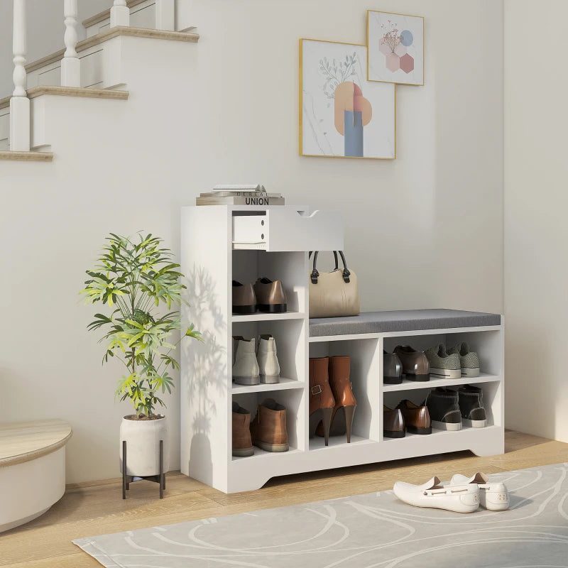 Upholstered Shoe Storage Bench w/ Seat, Entrance Bench w/ Drawer and 6 Open Shelves for Hallway, White