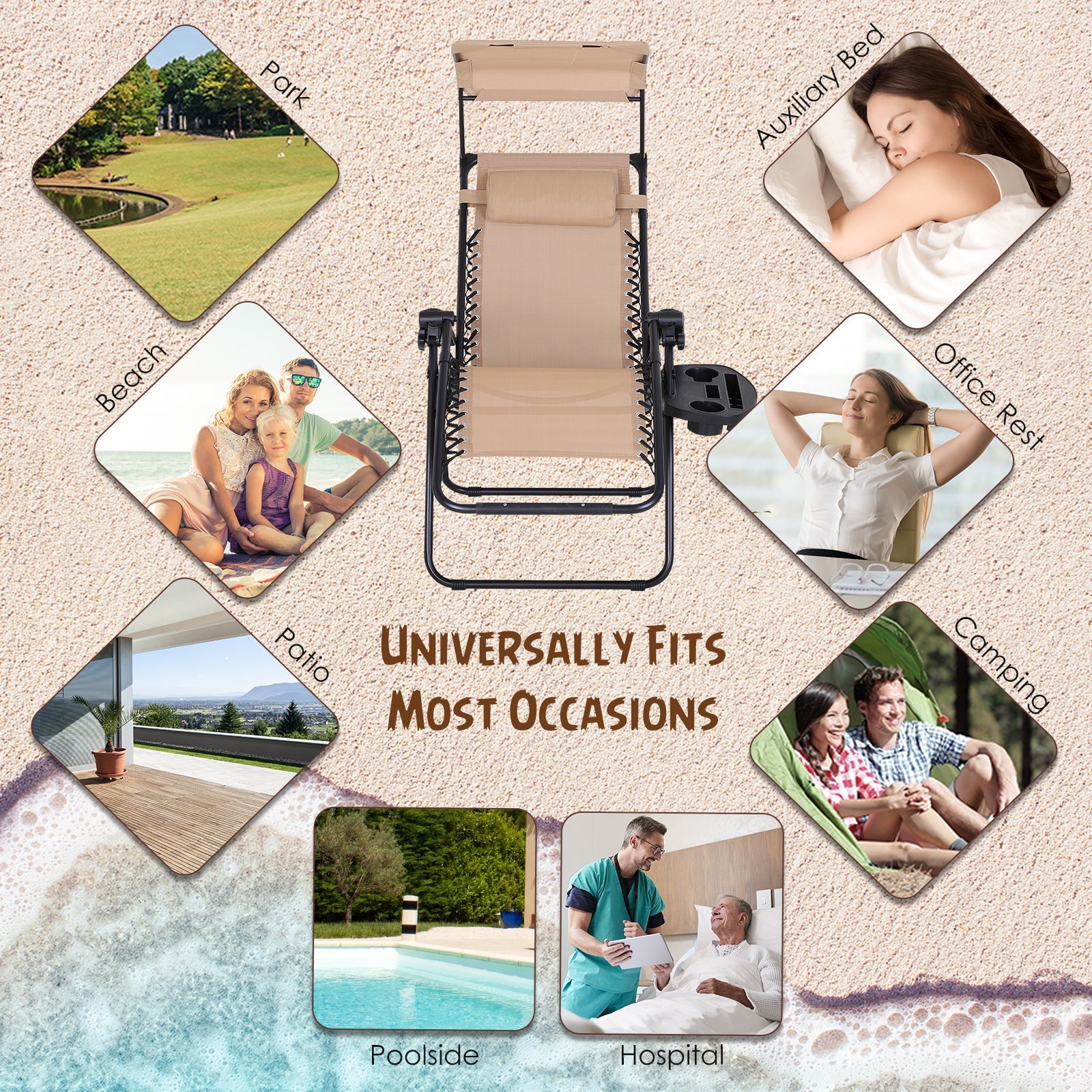 Outsunny Zero Gravity Chair 2pc Adjustable Patio Lounge Recliner with Cup Holder Canopy Shade Beige 