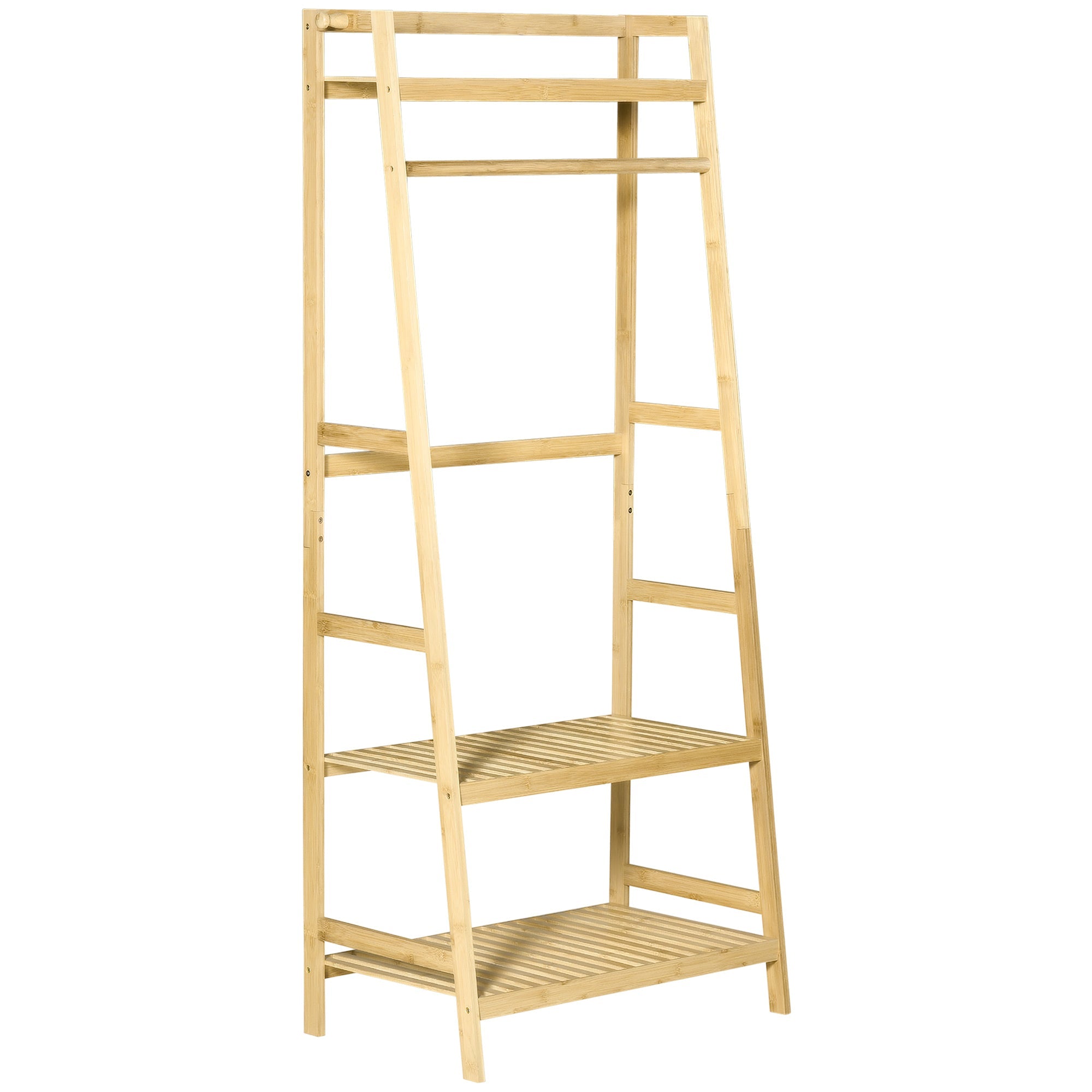 HOMCOM Freestanding Bamboo Garment Rack with 3 Tier Storage Shelves Hooks Hanging Rail for Clothes Natural 