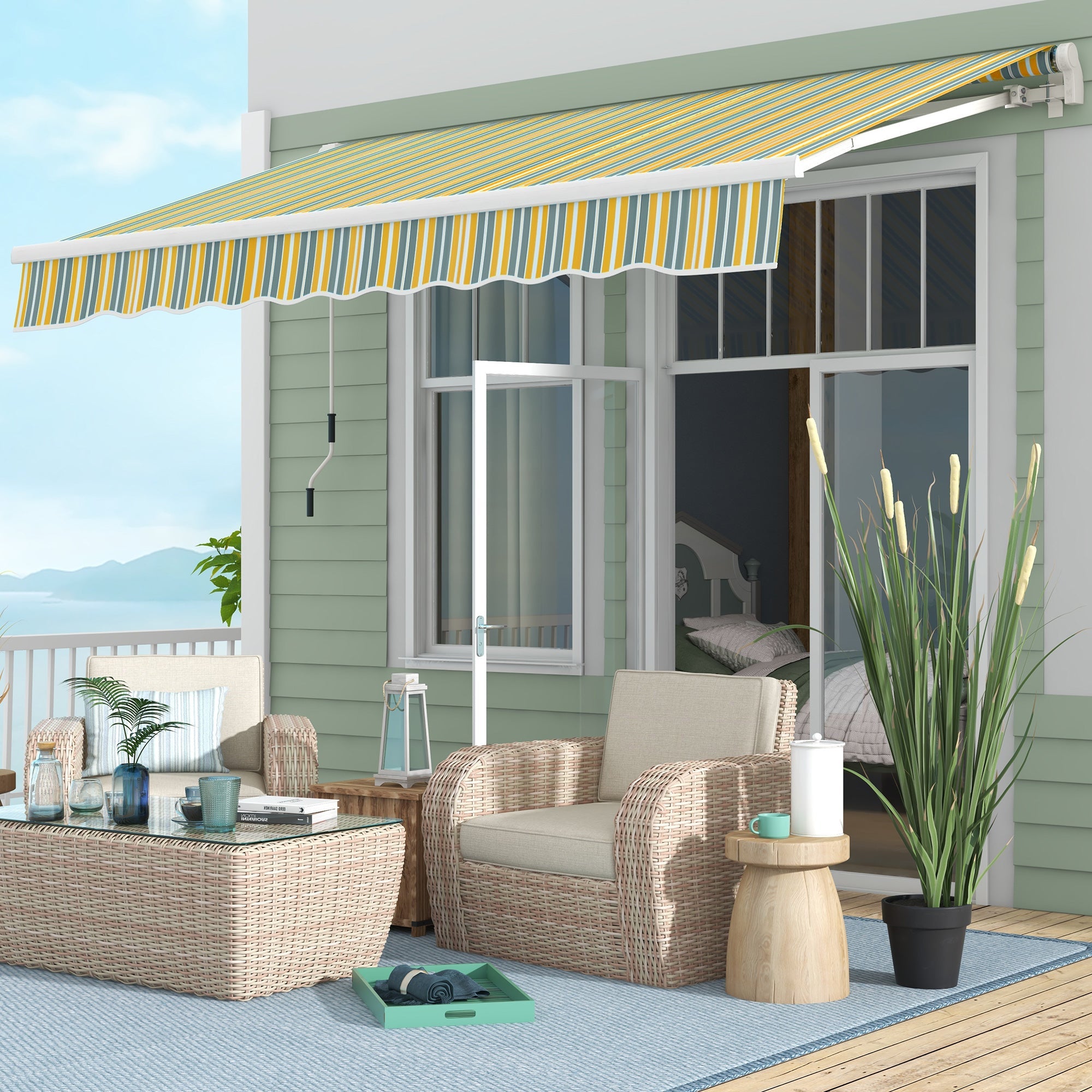 Outsunny Retractable Awning 10'x6.5' with LED, Aluminum Patio Sun Shade, Manual Canopy - Yellow/Grey 