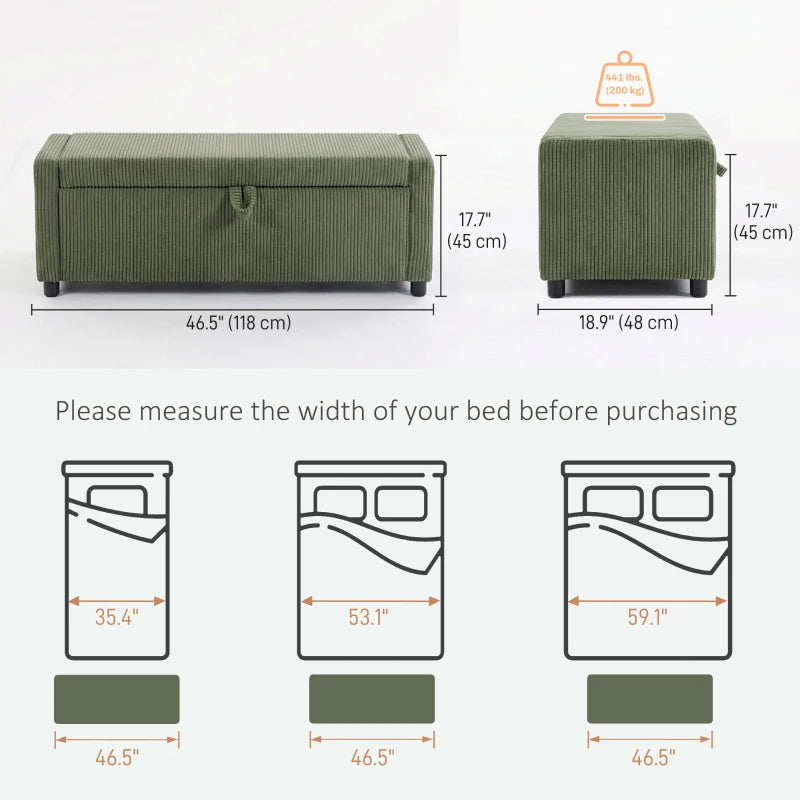 Storage Ottoman, Upholstered Corduroy End of Bed Bench with Thick Padding, Storage Bench for Bedroom, Dark Green