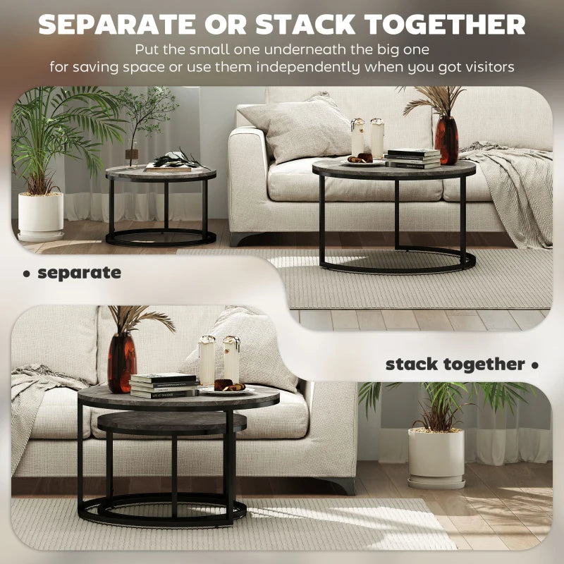 Modern Coffee Table Set of 2, Nesting Side Tables w/ Metal Base for Living Room Bedroom Office Faux Marbled Grey