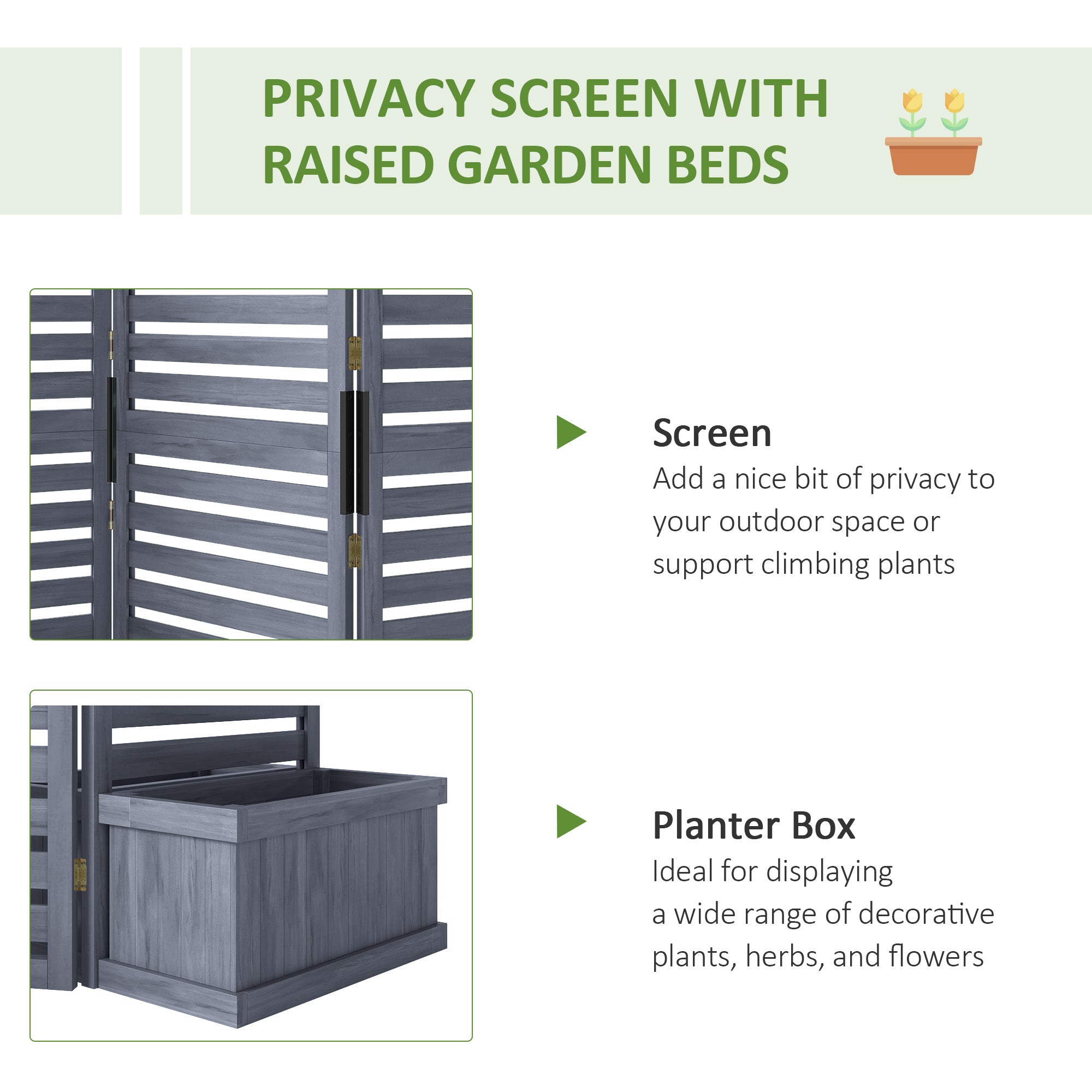Outsunny Outdoor Privacy Screen Wood Privacy Panel with 4 Planter Boxes, Raised Bed with 3 Panels, Drainage Holes 