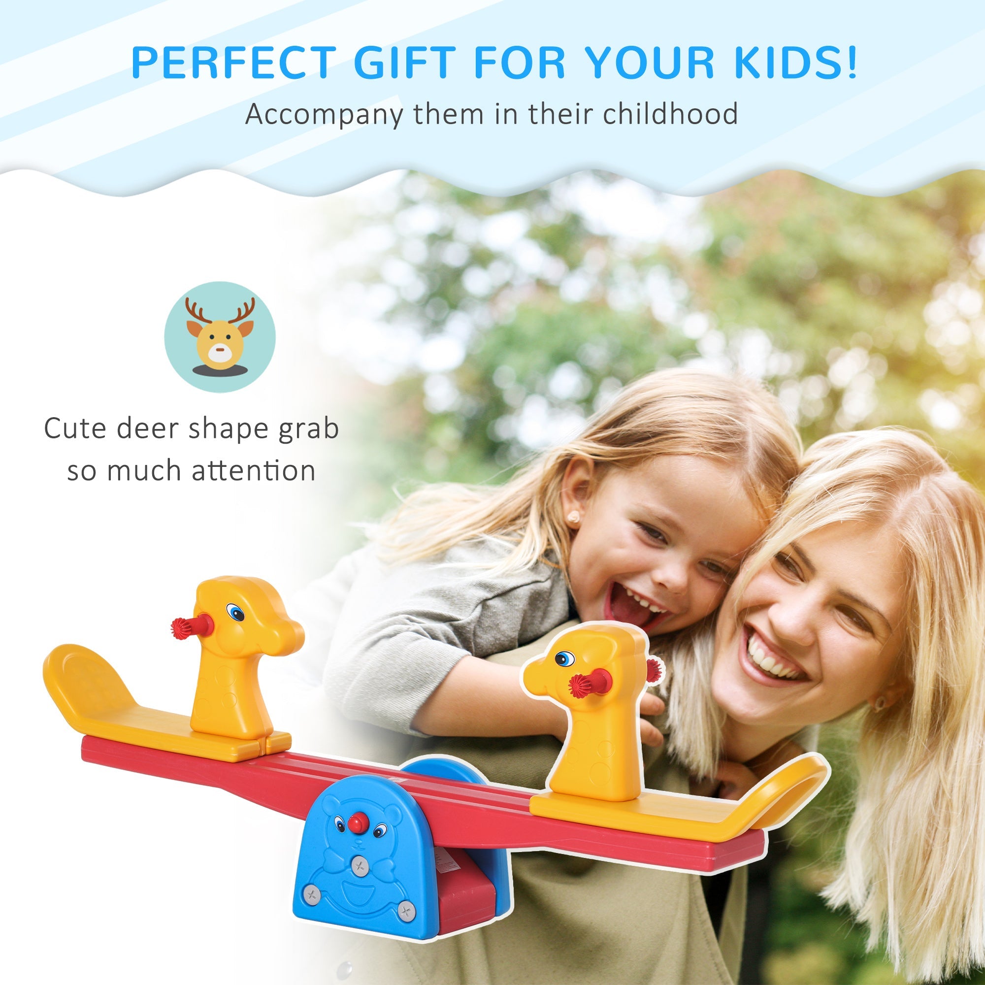 Qaba Kids 2-seat Seesaw Safe Teeter Totter with Handles for Indoor Outdoor Playroom Backyard 1-4 Years Old 